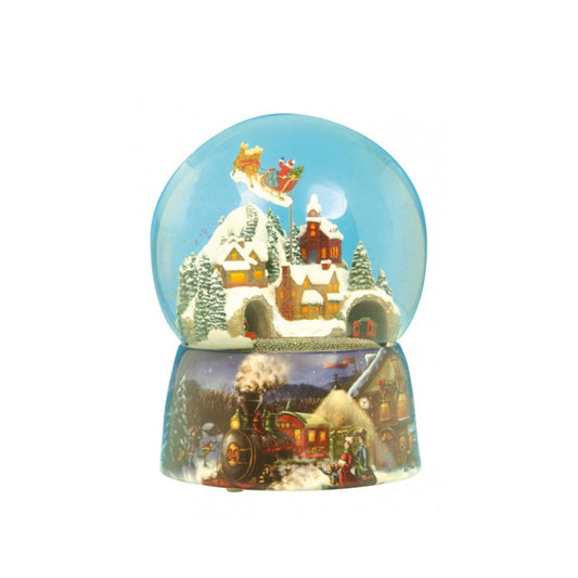 Train snow globe, the train drives through the tunnel and Santa turns to the Christmas melody “Jingle Bells”