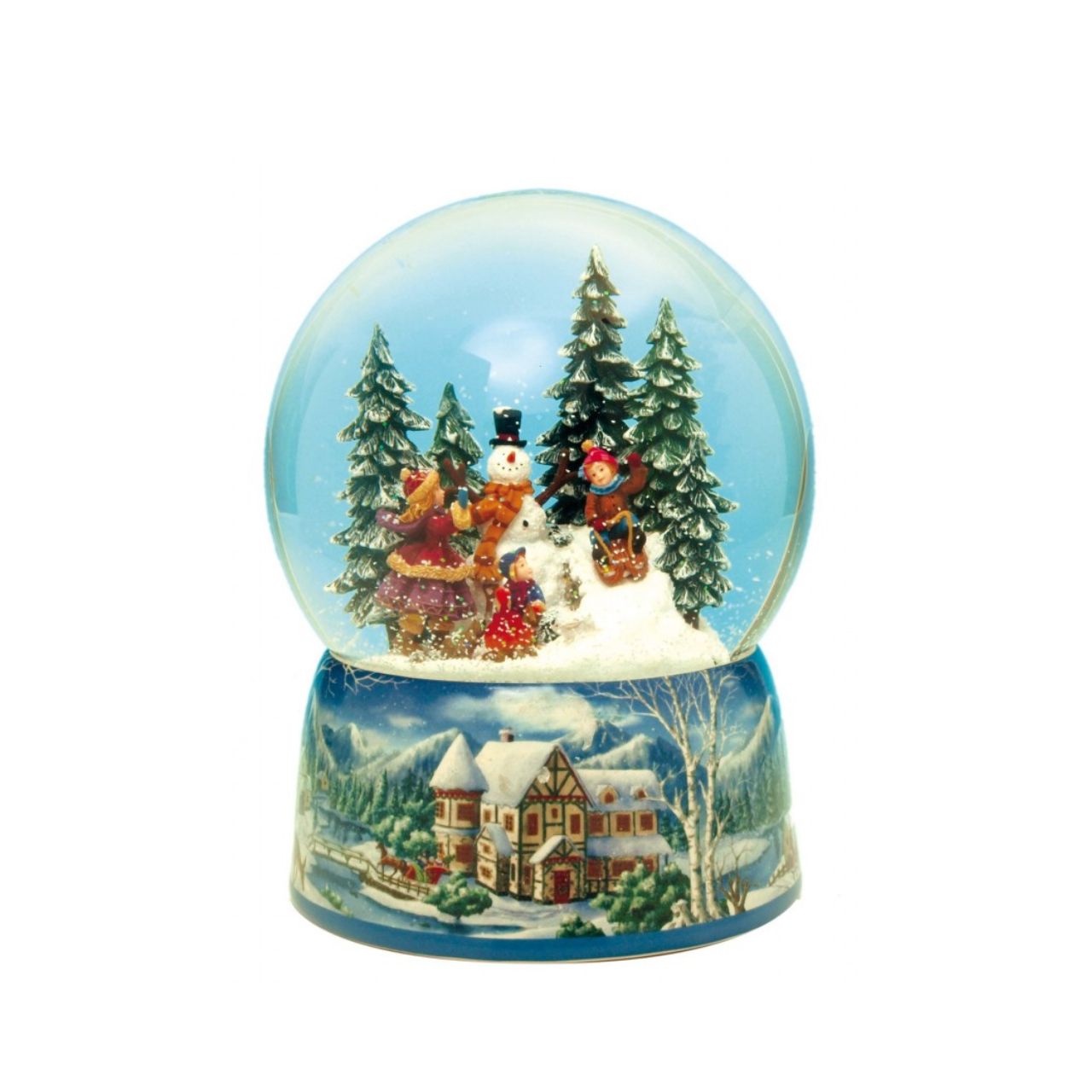 Snowman snow globe plays the melody “Leise Rieselt der Schnee”. The snow swirls automatically and the camp fire lights up.