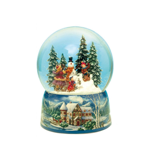 Snowman snow globe plays the melody “Leise Rieselt der Schnee”. The snow swirls automatically and the camp fire lights up.