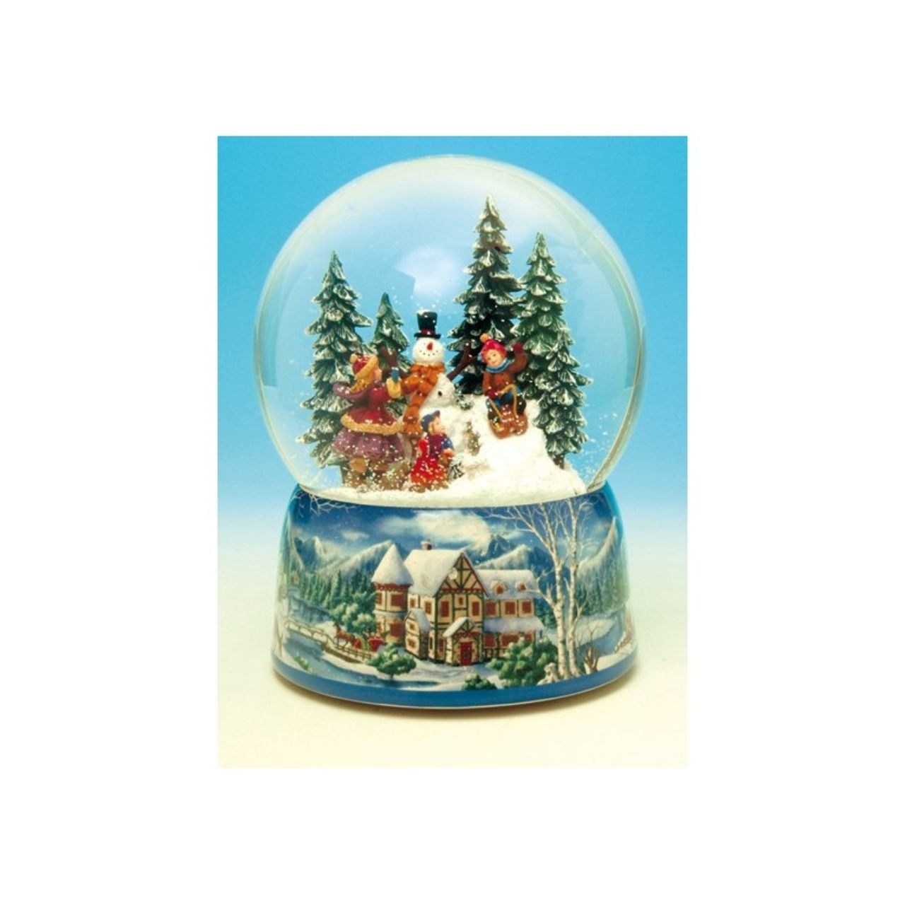 Snowman snow globe plays the melody “Leise Rieselt der Schnee”. The snow swirls automatically and the camp fire lights up.