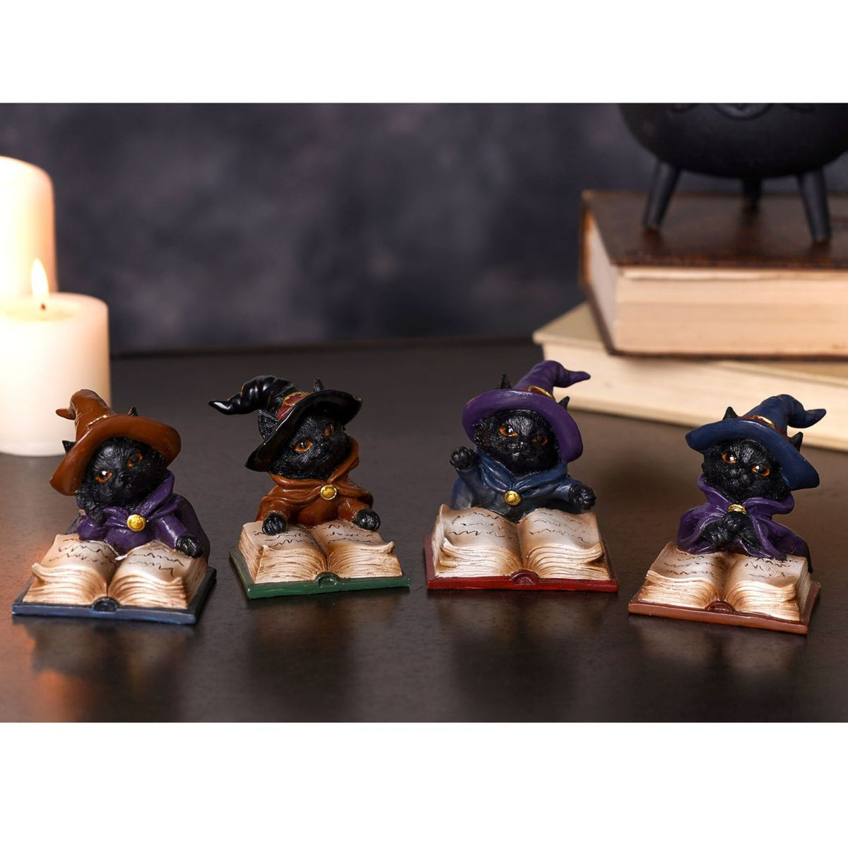 Intricately detailed with textured fur, carefully sculpted pages, and contrasting coloured cloaks and hats, each figurine is finished with subtle painted accents that enhance its magical appearance. The assortment includes four unique designs, making it ideal for collectors or for creating a coordinated themed display.