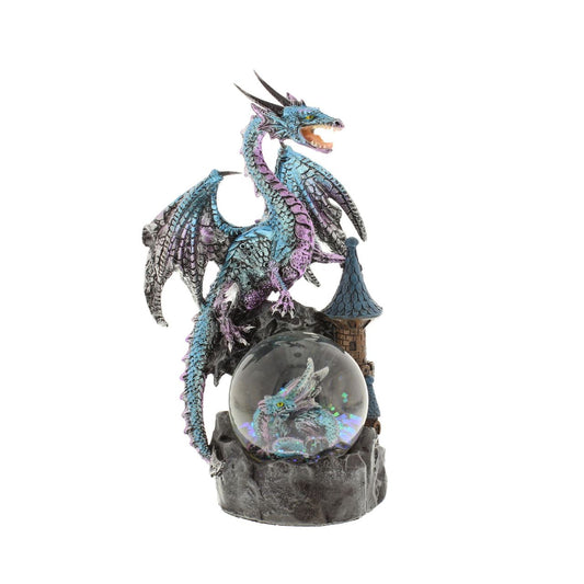 An epic dragon figurine that will bring a stunning element of fantasy to a mantel, bookcase or tabletop. Complete with metallic blue and purple scales and a mesmerizing glittering waterball with a baby dragon inside.