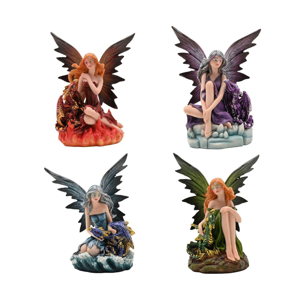 Mystic Legends Colourful Fairies set is a beautifully detailed collection of fantasy ornaments, designed to bring vibrant colour and enchanting character to any display. Each figurine features a delicately sculpted fairy seated in a unique pose, accompanied by intricately detailed dragons or elemental-inspired bases, creating a strong sense of storytelling and individuality.
