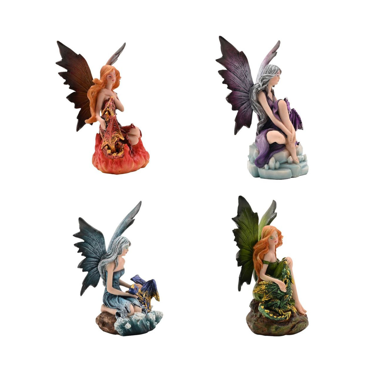 Mystic Legends Colourful Fairies set is a beautifully detailed collection of fantasy ornaments, designed to bring vibrant colour and enchanting character to any display. Each figurine features a delicately sculpted fairy seated in a unique pose, accompanied by intricately detailed dragons or elemental-inspired bases, creating a strong sense of storytelling and individuality.