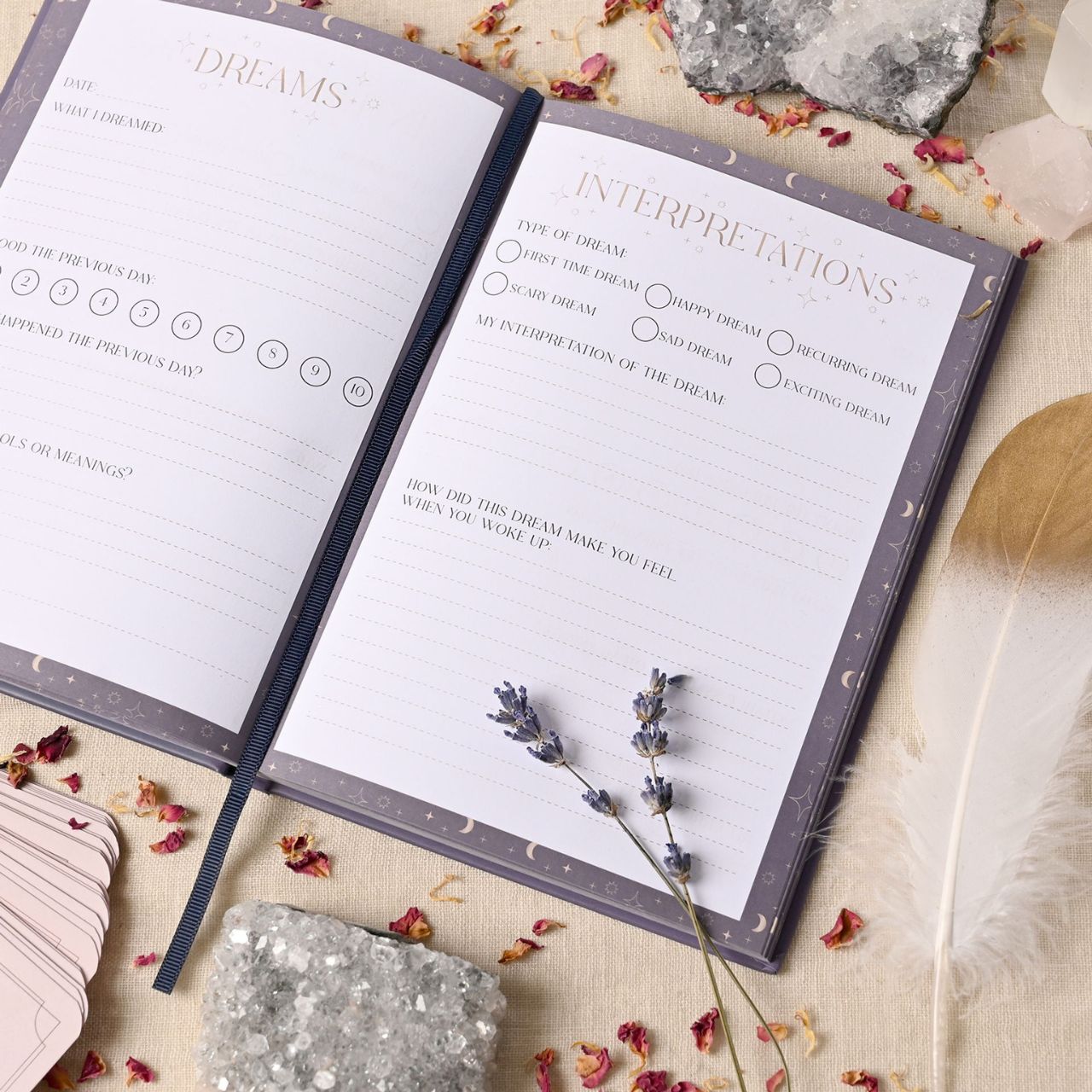 Introducing the enchanting Dream Diary, a captivating journal from the Mystic Legends Collection by Juliana. With its striking purple hardcover adorned with gold celestial designs of suns, moons, and stars, this dream diary is a perfect gift for those who love to explore their dreams and inner worlds.