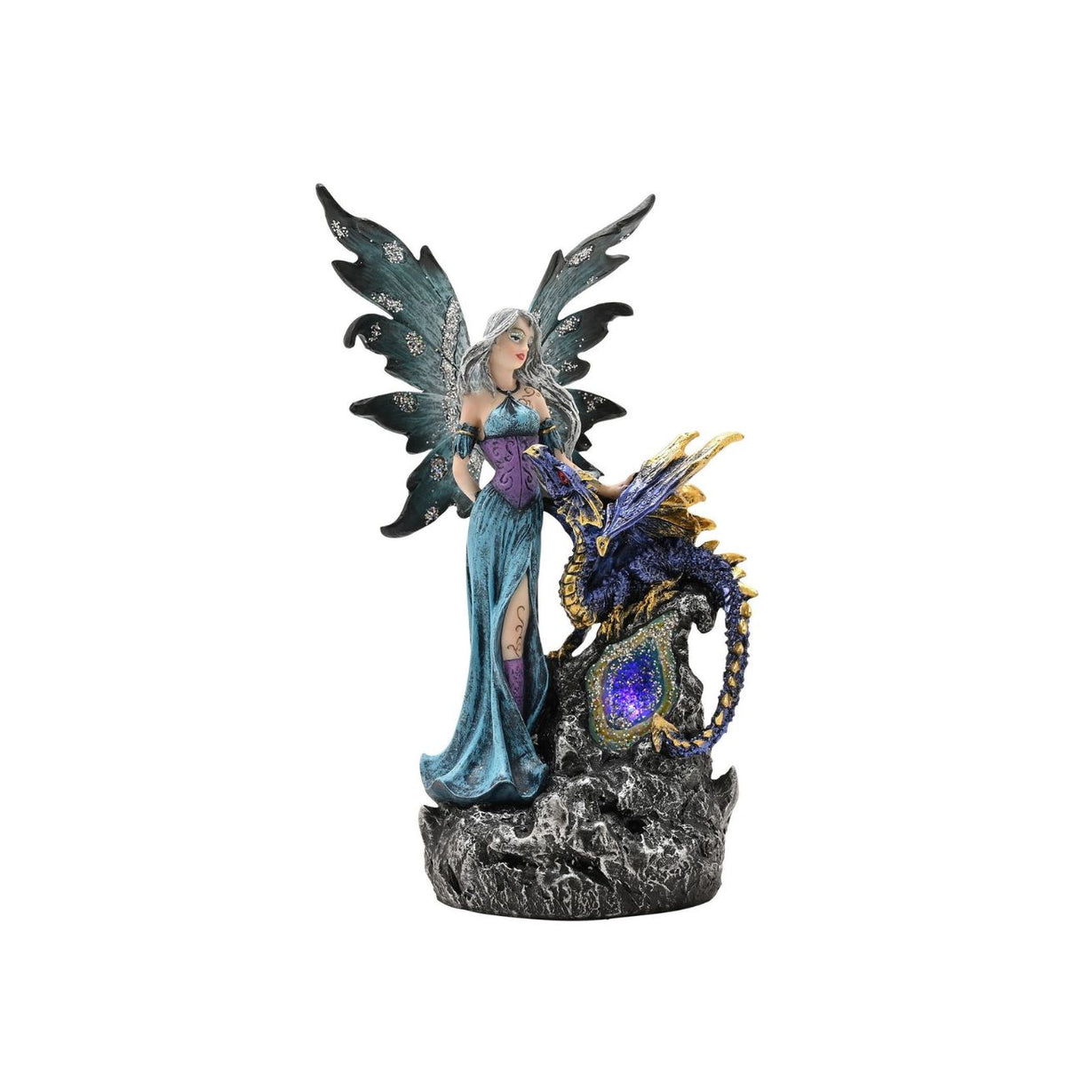 Mystic Legends LED Fairies with Dragon Red & Blue 21cm is a captivating pair of fantasy ornaments, designed to bring enchantment and drama to any display. Each piece features a beautifully sculpted fairy standing alongside a detailed dragon companion, positioned on a rugged rock-style base for a striking and immersive composition.