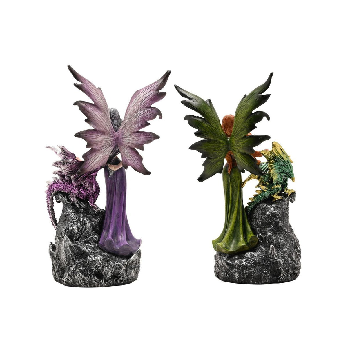 Mystic Legends LED Fairies with Dragon Green & Purple 21cm is a mesmerising pair of fantasy ornaments, designed to bring enchantment and rich colour to any display. Each piece features a beautifully sculpted fairy accompanied by a detailed dragon companion, standing atop a rugged rock-style base that enhances the sense of storytelling and depth.