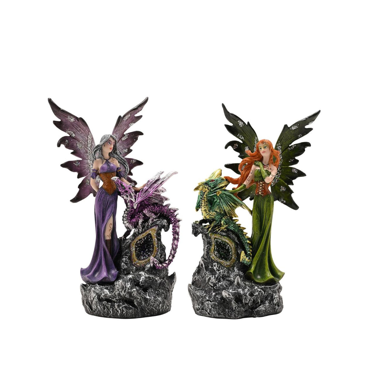 Mystic Legends LED Fairies with Dragon Green & Purple 21cm is a mesmerising pair of fantasy ornaments, designed to bring enchantment and rich colour to any display. Each piece features a beautifully sculpted fairy accompanied by a detailed dragon companion, standing atop a rugged rock-style base that enhances the sense of storytelling and depth.