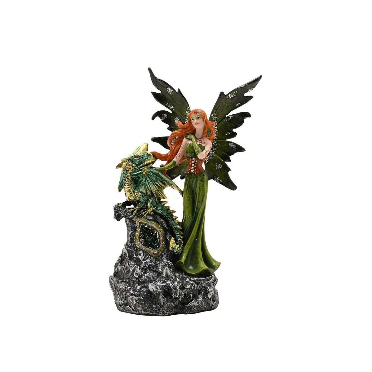 Mystic Legends LED Fairies with Dragon Green & Purple 21cm is a mesmerising pair of fantasy ornaments, designed to bring enchantment and rich colour to any display. Each piece features a beautifully sculpted fairy accompanied by a detailed dragon companion, standing atop a rugged rock-style base that enhances the sense of storytelling and depth.