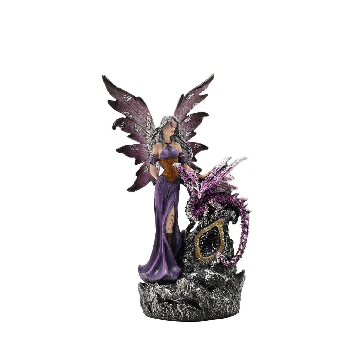Mystic Legends LED Fairies with Dragon Green & Purple 21cm is a mesmerising pair of fantasy ornaments, designed to bring enchantment and rich colour to any display. Each piece features a beautifully sculpted fairy accompanied by a detailed dragon companion, standing atop a rugged rock-style base that enhances the sense of storytelling and depth.