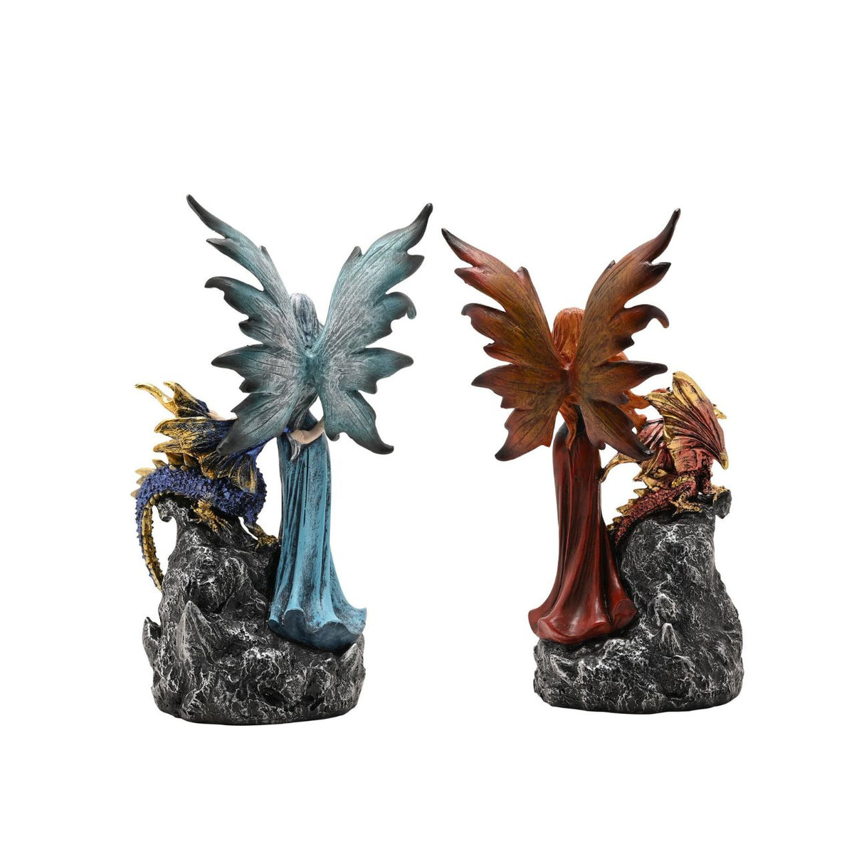 Mystic Legends LED Fairies with Dragon Red & Blue 21cm is a captivating pair of fantasy ornaments, designed to bring enchantment and drama to any display. Each piece features a beautifully sculpted fairy standing alongside a detailed dragon companion, positioned on a rugged rock-style base for a striking and immersive composition.