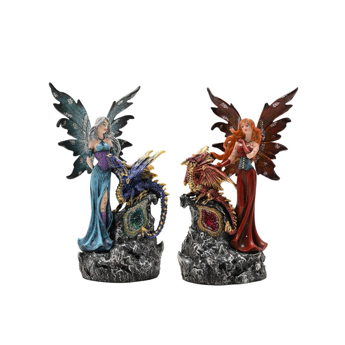 Mystic Legends LED Fairies with Dragon Red & Blue 21cm is a captivating pair of fantasy ornaments, designed to bring enchantment and drama to any display. Each piece features a beautifully sculpted fairy standing alongside a detailed dragon companion, positioned on a rugged rock-style base for a striking and immersive composition.