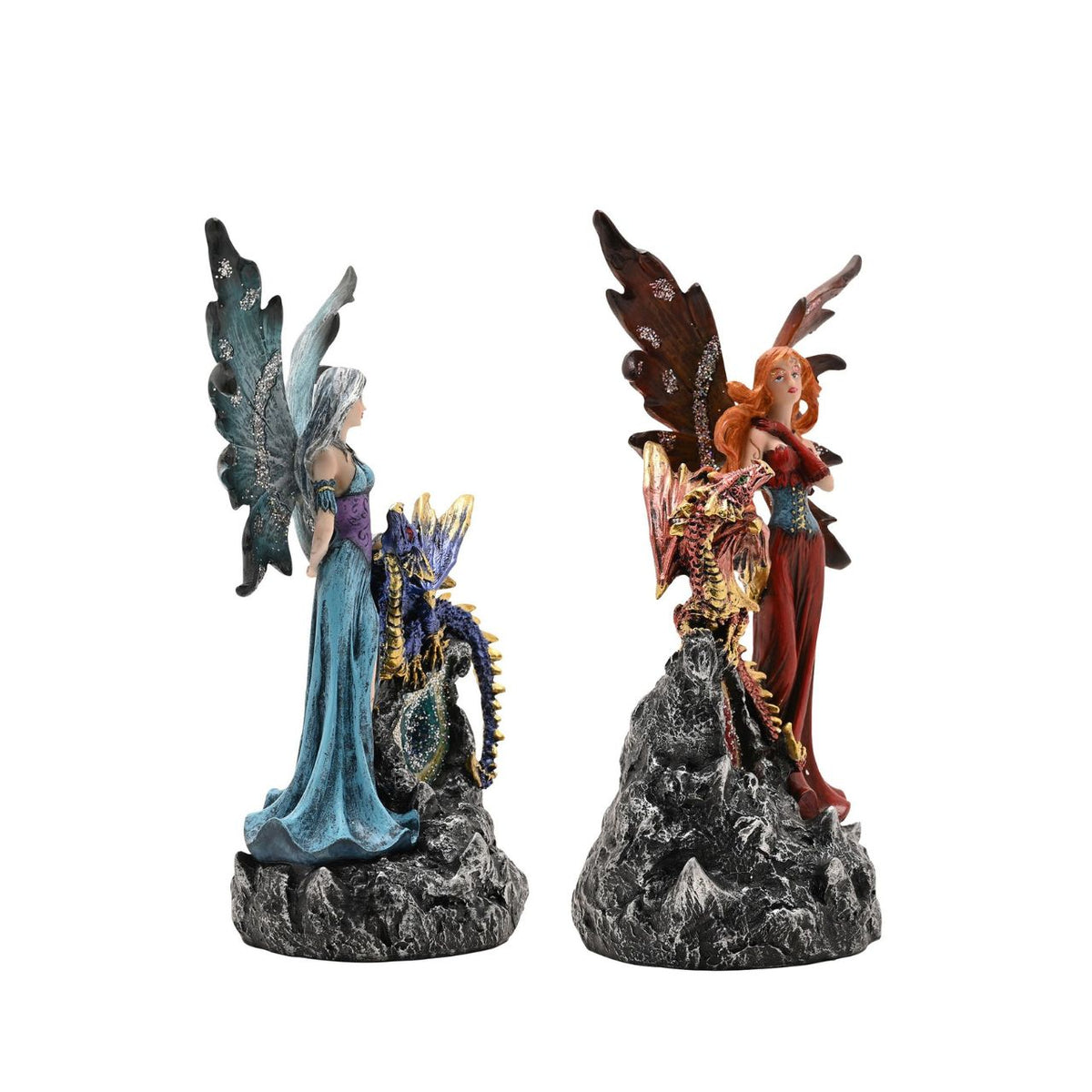 Mystic Legends LED Fairies with Dragon Red & Blue 21cm is a captivating pair of fantasy ornaments, designed to bring enchantment and drama to any display. Each piece features a beautifully sculpted fairy standing alongside a detailed dragon companion, positioned on a rugged rock-style base for a striking and immersive composition.
