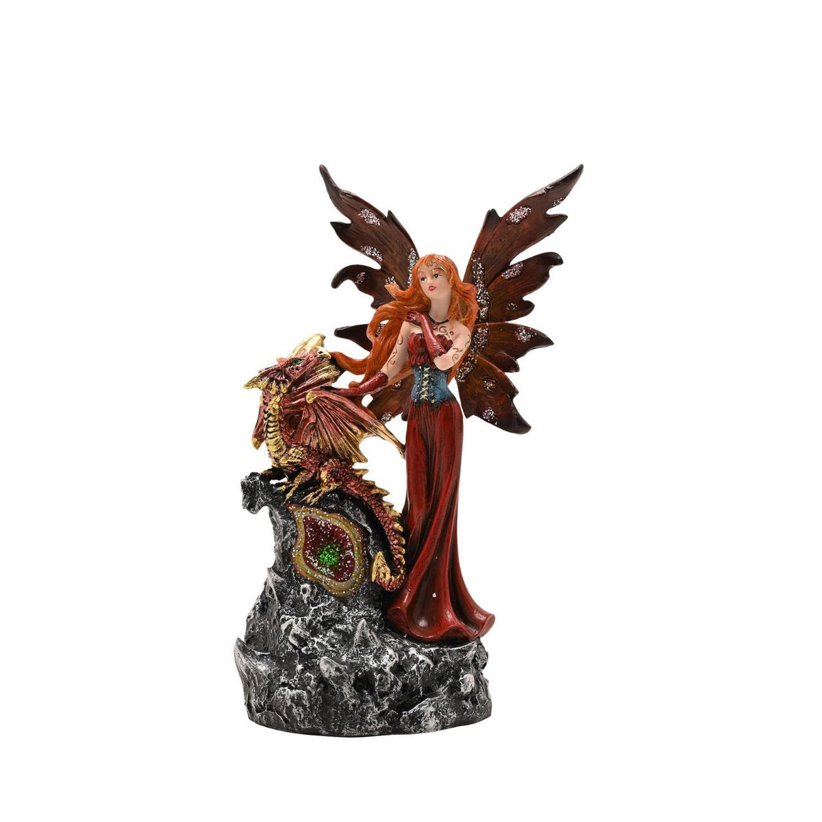 Mystic Legends LED Fairies with Dragon Red & Blue 21cm is a captivating pair of fantasy ornaments, designed to bring enchantment and drama to any display. Each piece features a beautifully sculpted fairy standing alongside a detailed dragon companion, positioned on a rugged rock-style base for a striking and immersive composition.