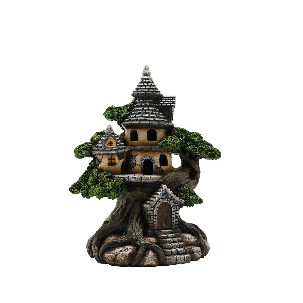 The Mystic Legends LED Treehouse 20cm is an enchanting decorative piece, designed to capture the magic of a hidden woodland dwelling. The ornament features a beautifully detailed miniature house built into a gnarled tree trunk, complete with textured bark, layered stonework, and lush green foliage that wraps around the structure.