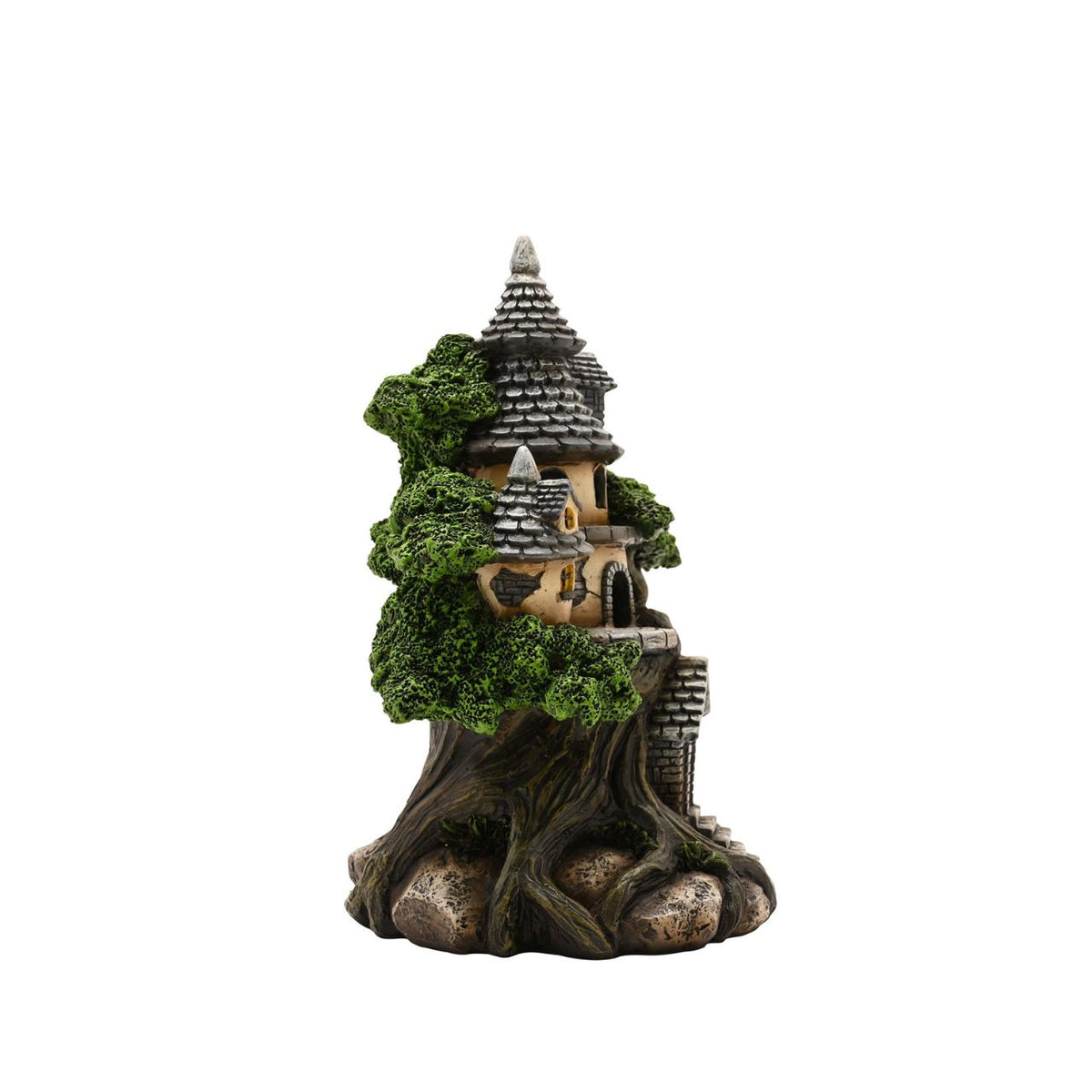 The Mystic Legends LED Treehouse 20cm is an enchanting decorative piece, designed to capture the magic of a hidden woodland dwelling. The ornament features a beautifully detailed miniature house built into a gnarled tree trunk, complete with textured bark, layered stonework, and lush green foliage that wraps around the structure.