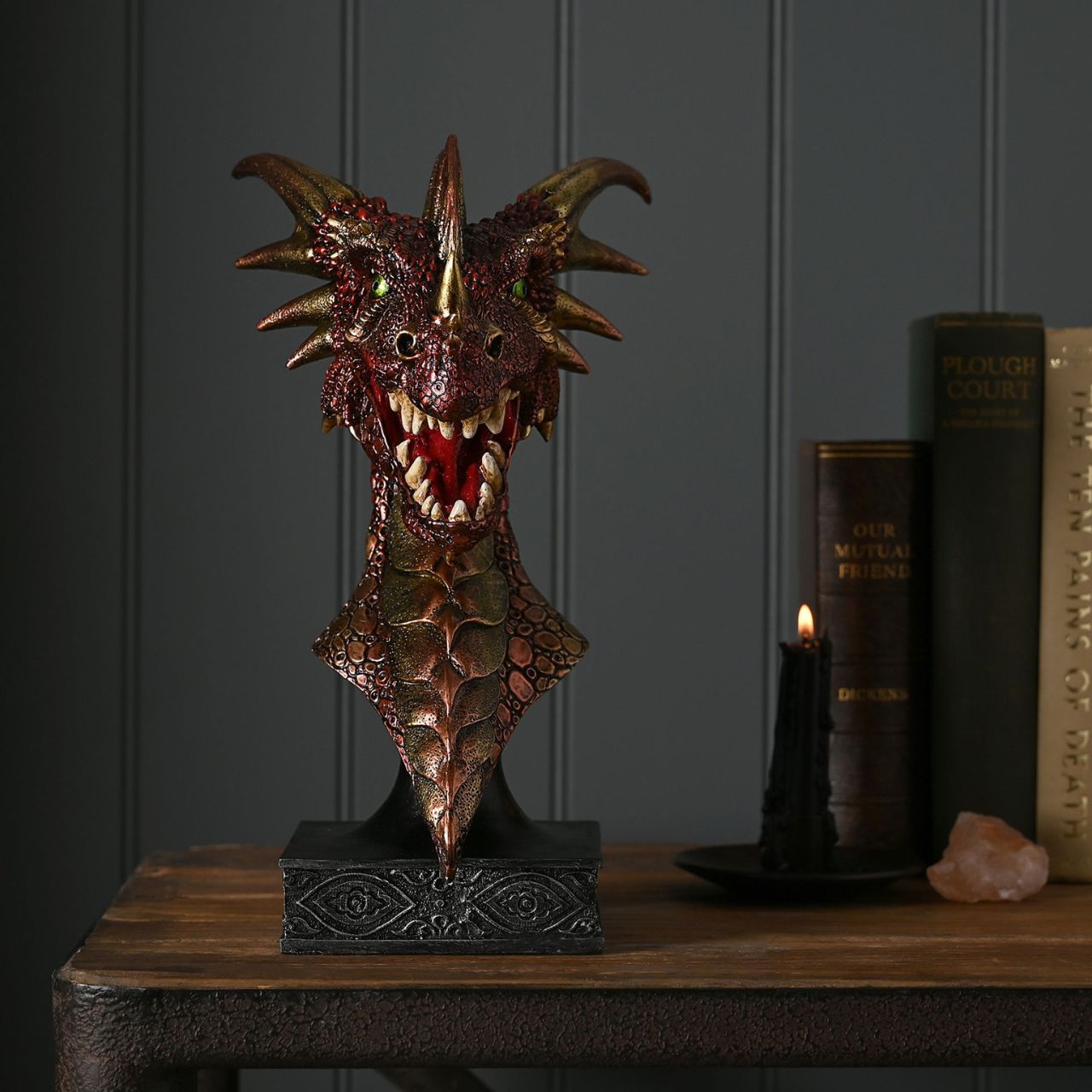 A Red Dragon Bust on a Plinth from the Mystic Legends Collection by Juliana Collection.