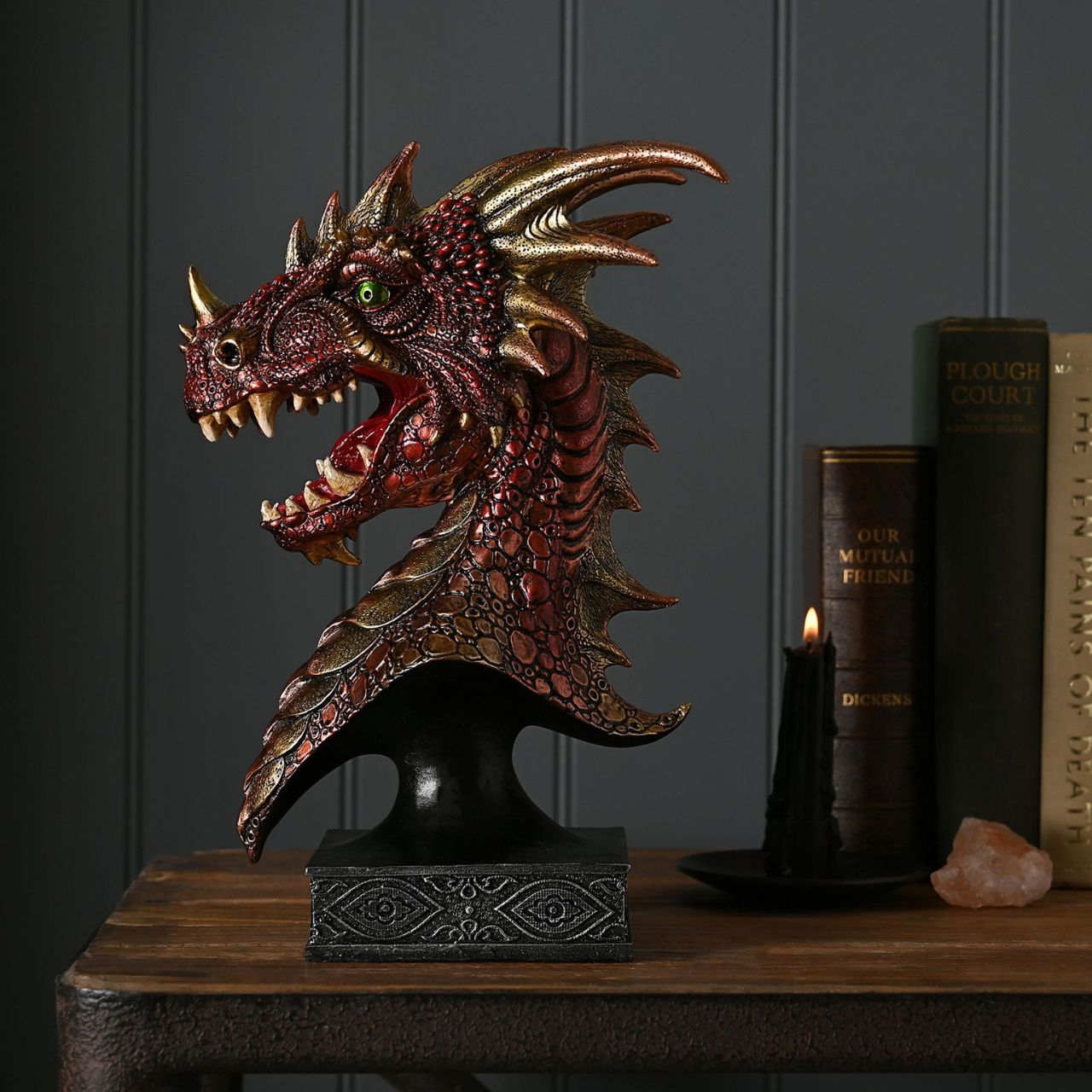 A Red Dragon Bust on a Plinth from the Mystic Legends Collection by Juliana Collection.