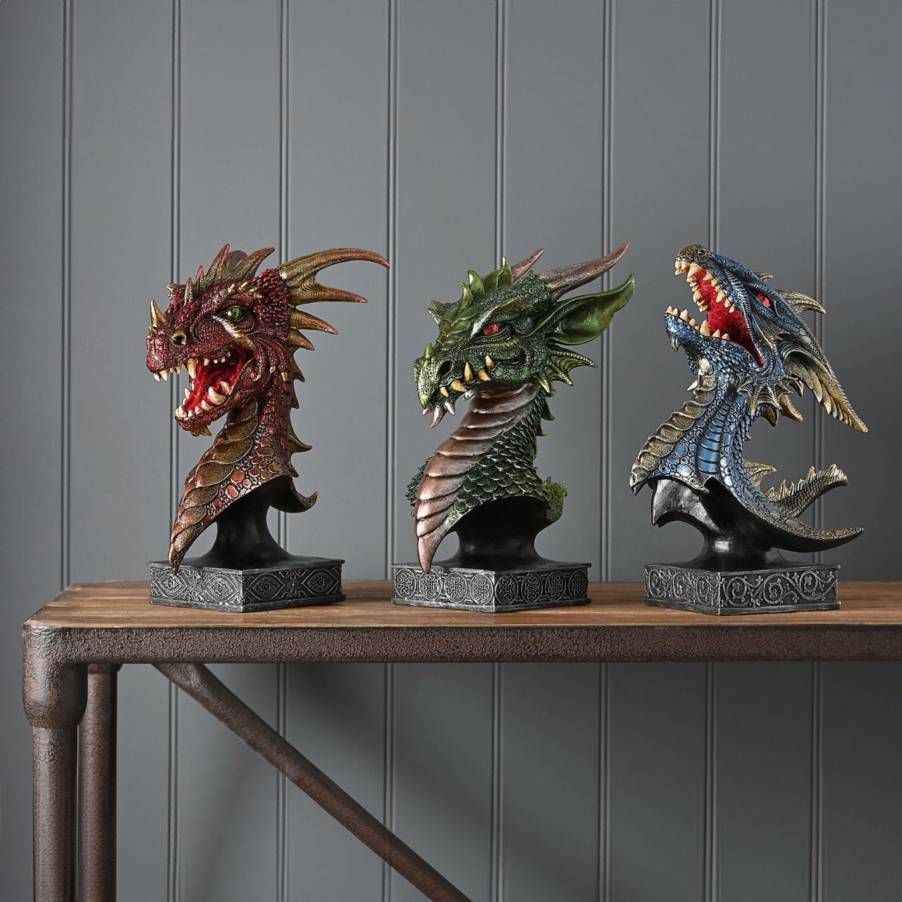 A Red Dragon Bust on a Plinth from the Mystic Legends Collection by Juliana Collection.