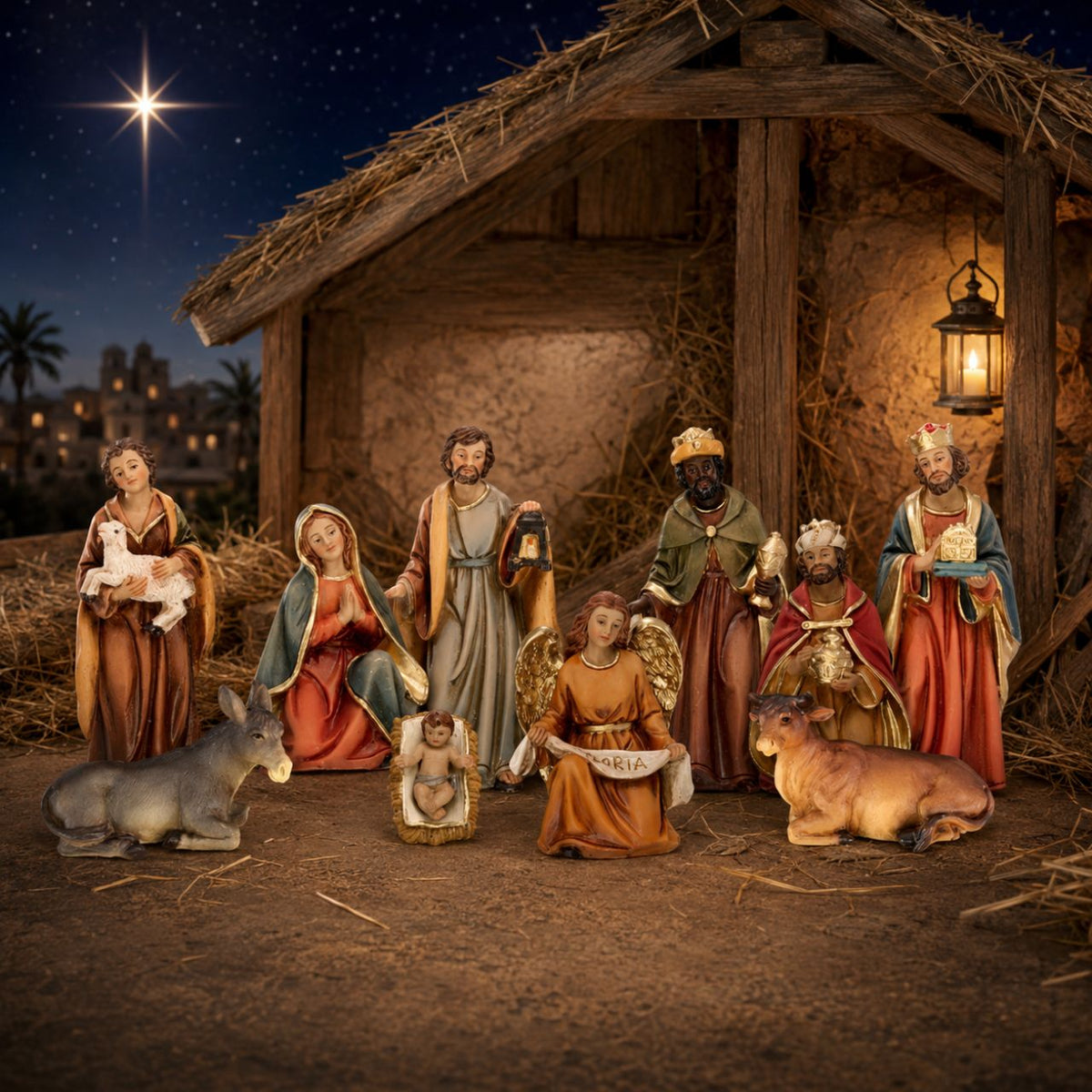 Nativity 11 Figures Set - 4 1/2 inch with Gold Highlights
