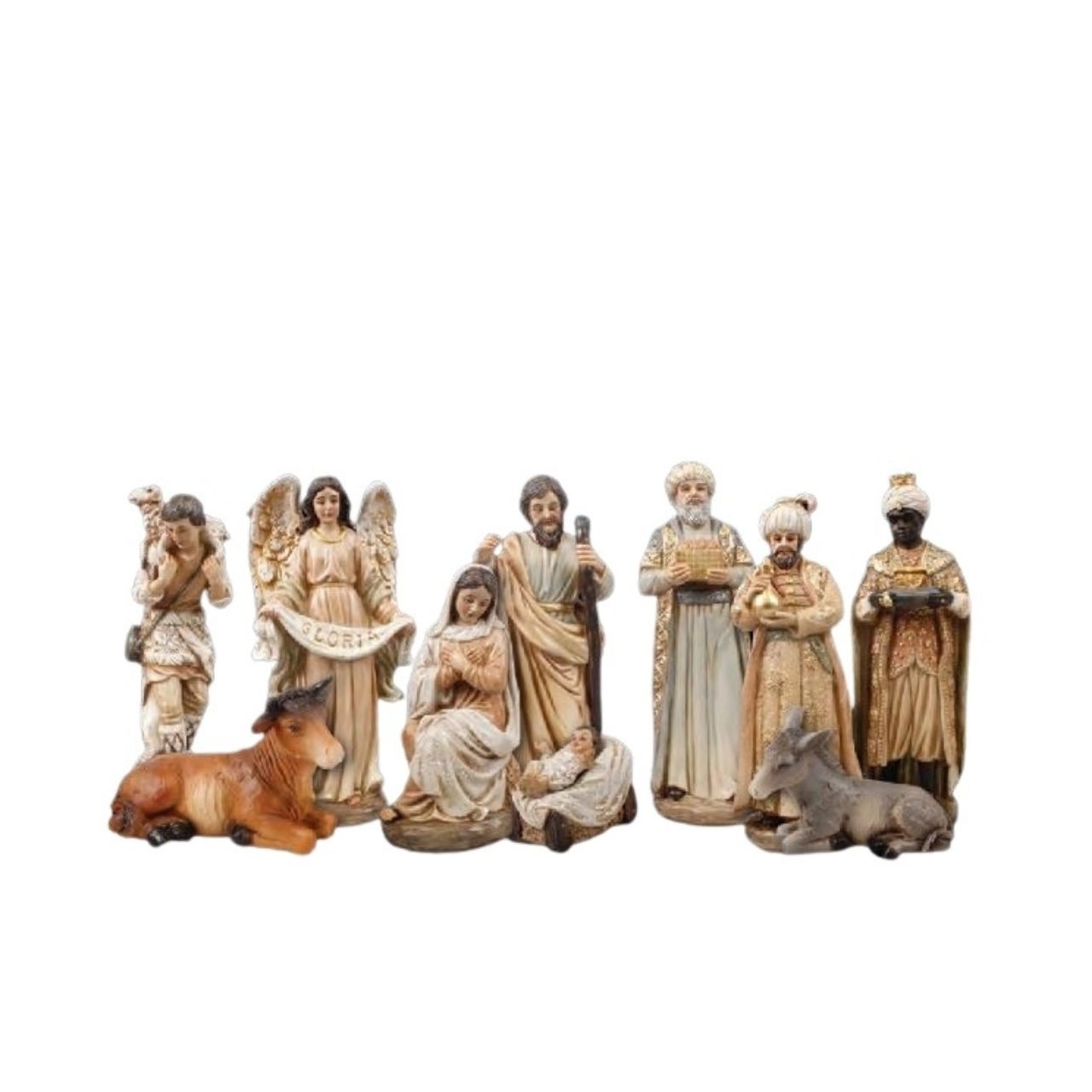 CBC Nativity 6" Resin Pearlised Set of 10 Figures This beautiful Nativity Set of 10 Figures is made of resin and embellished with pearlized accents. Each figure stands 6 inches tall, making it the perfect size for displaying as part of a traditional nativity scene.
