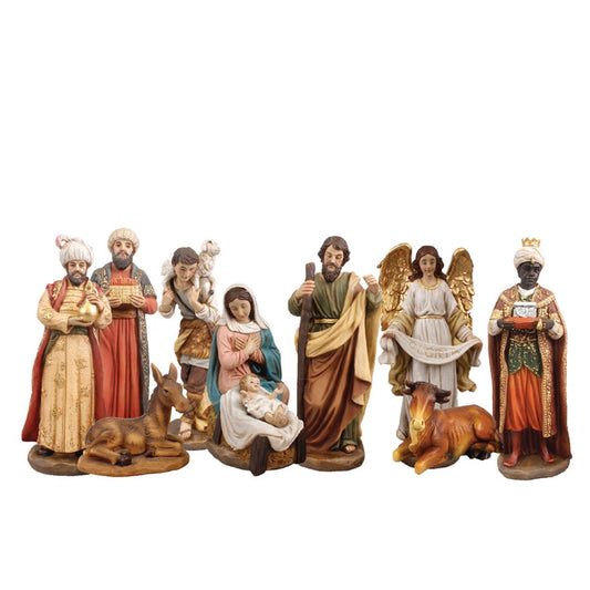This Nativity 6” Resin Set includes 10 figures that are beautifully painted. The high-quality polyresin material allows for durability and longevity. All figures are intricately detailed and the perfect size to create a memorable display. This set is the perfect way to celebrate the birth of Jesus.