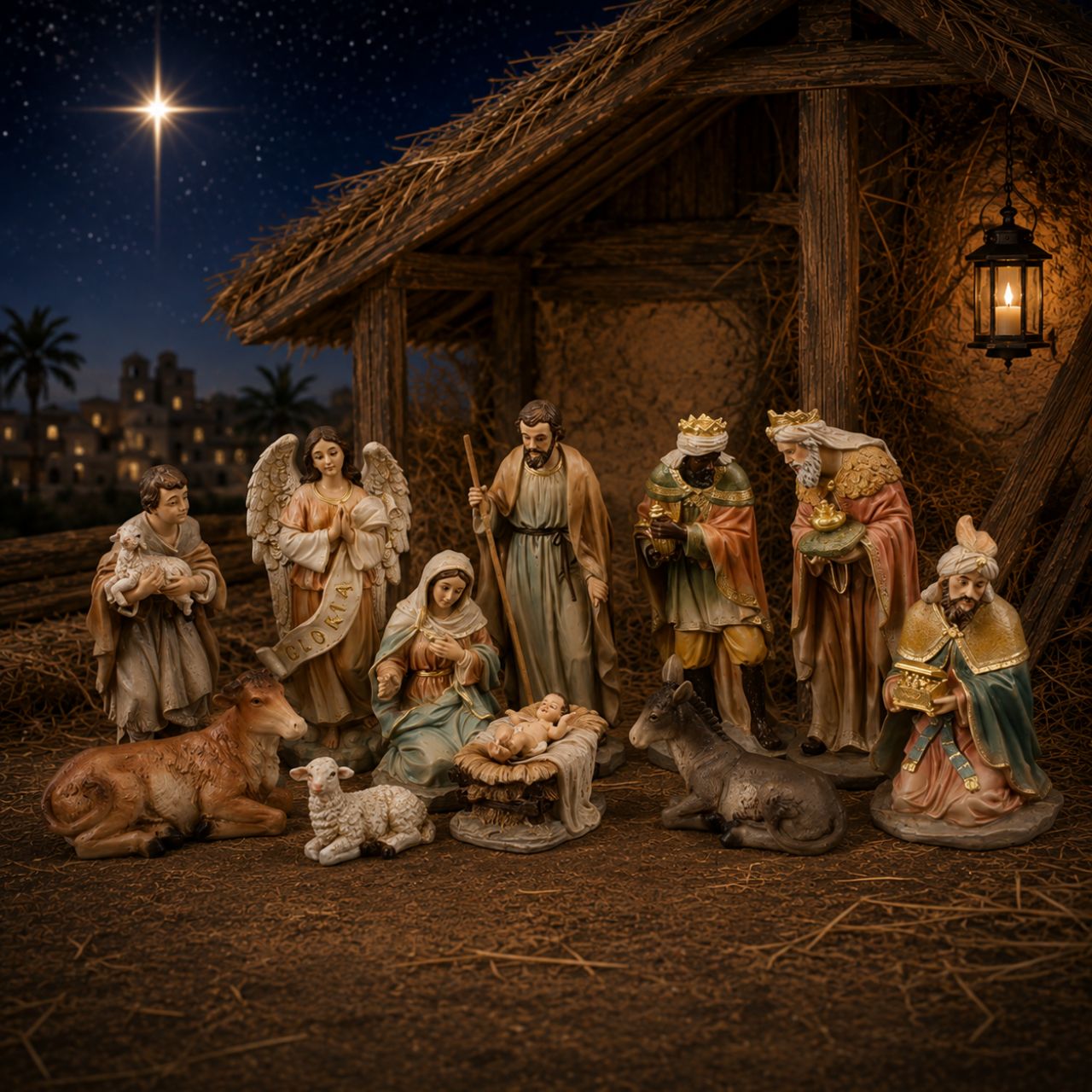 CBC Nativity Set features 11 hand-painted resin figures, each standing 8 inches tall with elegant gold highlights. This beautifully detailed boxed set brings the nativity story to life with carefully crafted figurines perfect for seasonal displays.