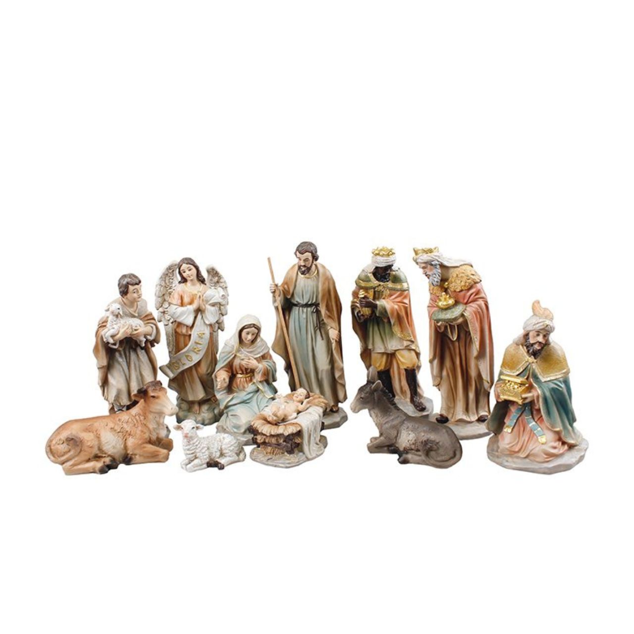 CBC Nativity Set features 11 hand-painted resin figures, each standing 8 inches tall with elegant gold highlights. This beautifully detailed boxed set brings the nativity story to life with carefully crafted figurines perfect for seasonal displays.