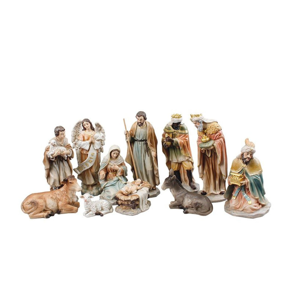 CBC Nativity Set features 11 hand-painted resin figures, each standing 8 inches tall with elegant gold highlights. This beautifully detailed boxed set brings the nativity story to life with carefully crafted figurines perfect for seasonal displays.
