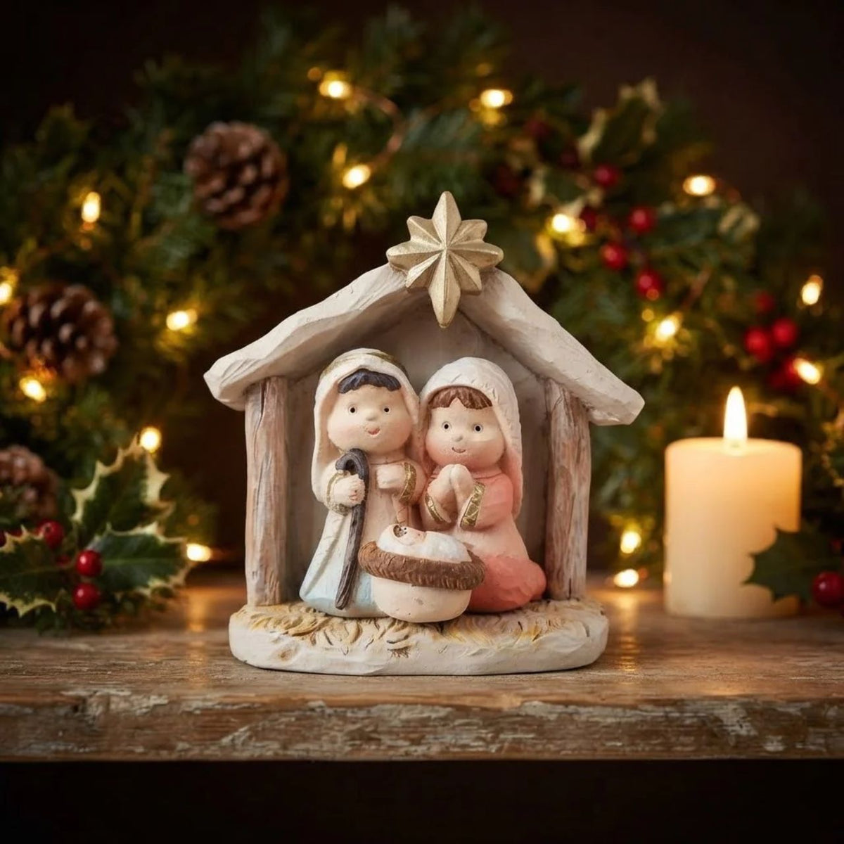 A beautifully crafted resin nativity set featuring three holy family figures with elegant gold highlights. This detailed piece includes Mary, Joseph, and baby Jesus nestled in a charming resin stable, perfect for creating a peaceful seasonal display. 