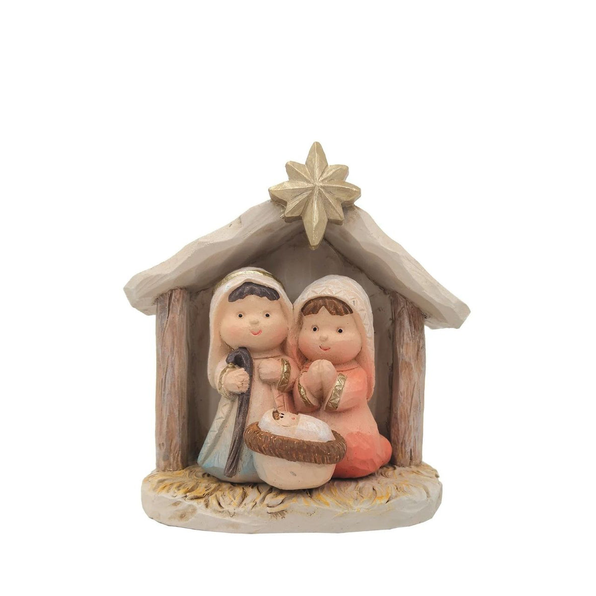 A beautifully crafted resin nativity set featuring three holy family figures with elegant gold highlights. This detailed piece includes Mary, Joseph, and baby Jesus nestled in a charming resin stable, perfect for creating a peaceful seasonal display. 