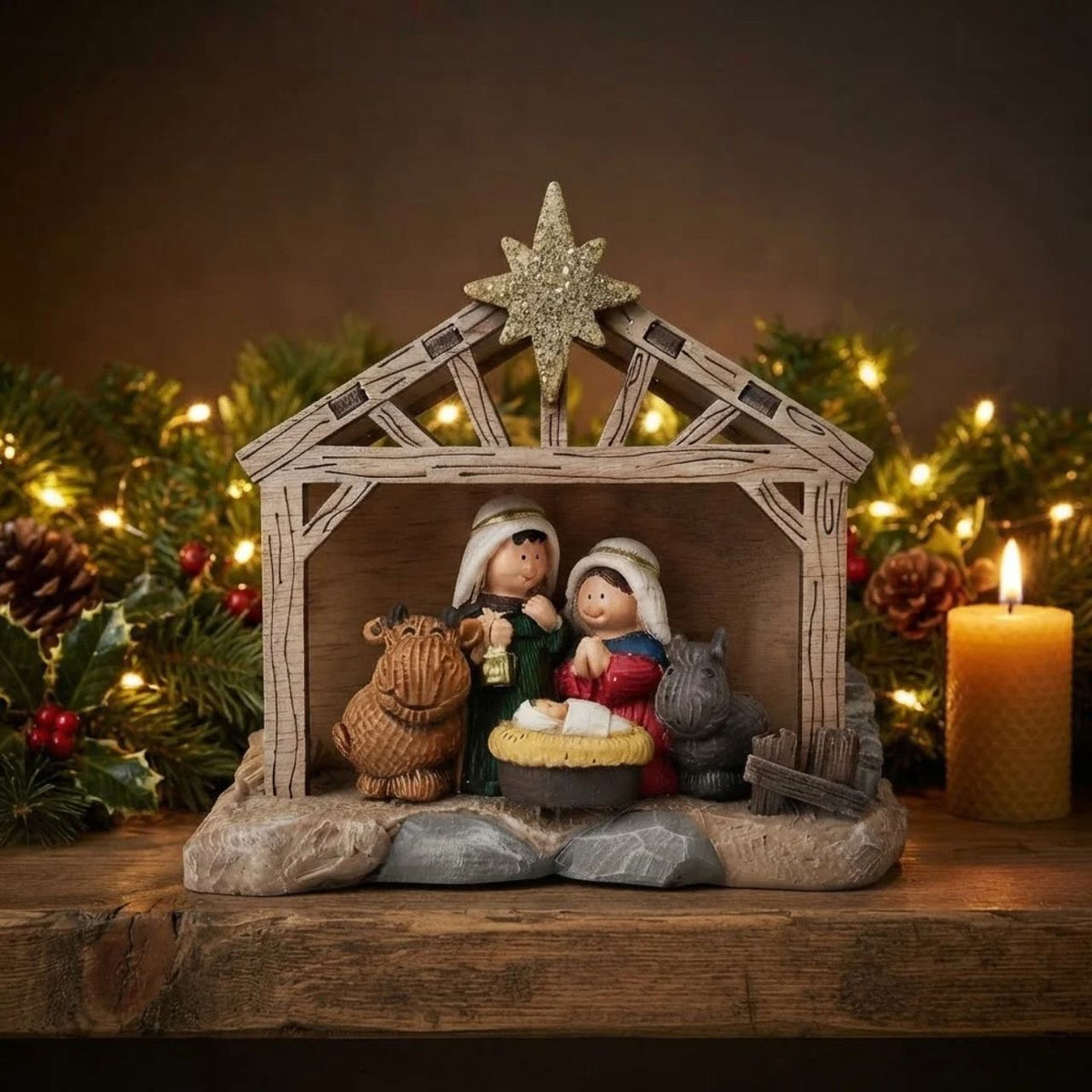 A beautiful resin nativity set perfect for seasonal displays and holiday decorating. This charming five-figure Holy Family collection includes Mary, Joseph, baby Jesus, and two additional figures, all nestled in a rustic wooden stable.
