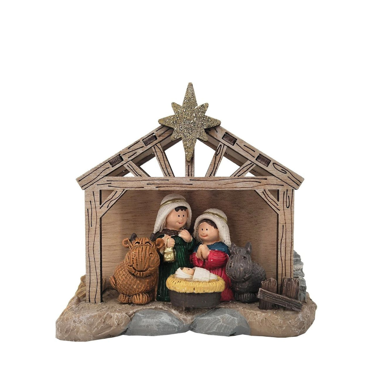 A beautiful resin nativity set perfect for seasonal displays and holiday decorating. This charming five-figure Holy Family collection includes Mary, Joseph, baby Jesus, and two additional figures, all nestled in a rustic wooden stable.