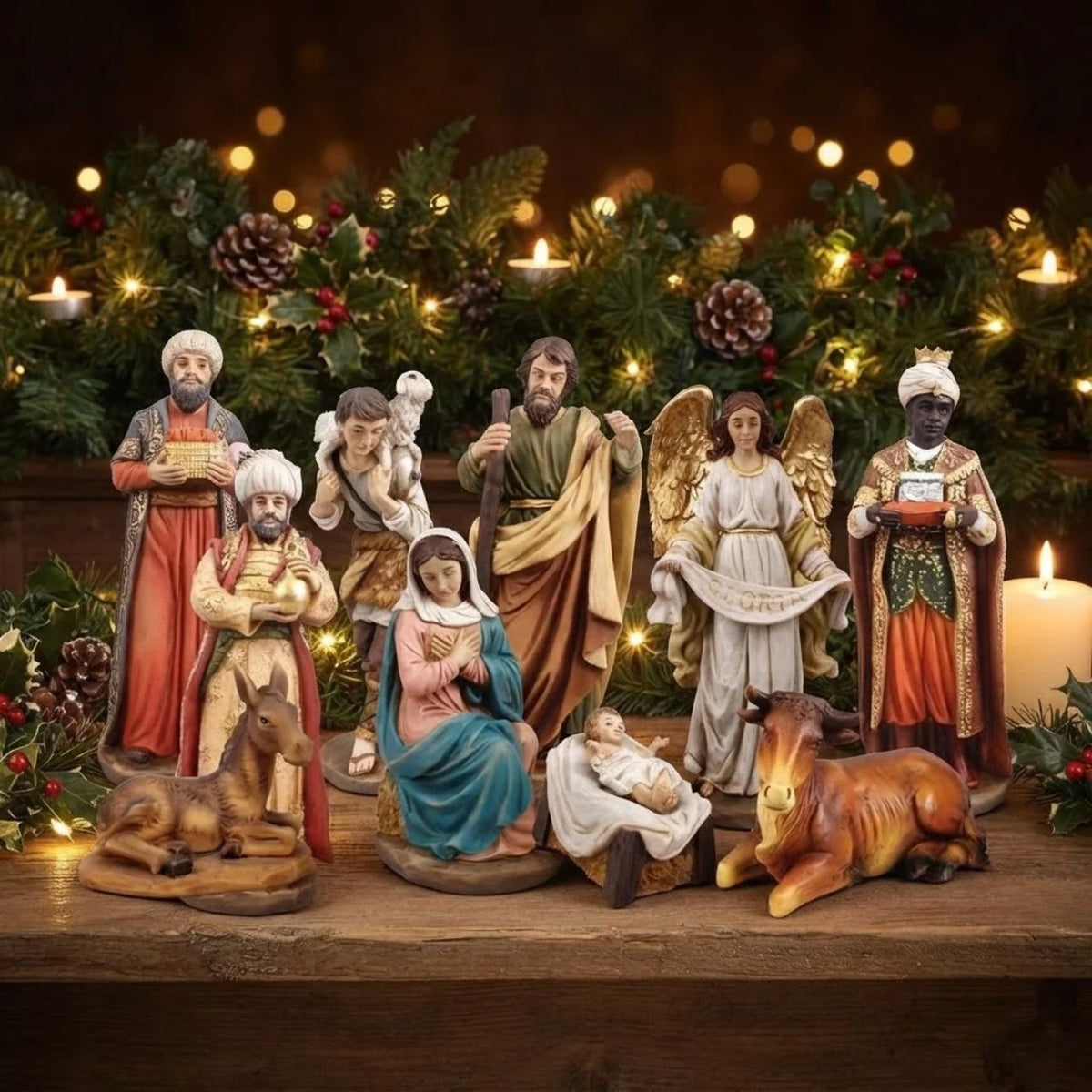 A timeless nativity scene featuring ten hand-painted resin figures, each standing 8 inches tall. This complete set includes Mary, Joseph, baby Jesus, three wise men, a shepherd, and animals—everything needed to create a meaningful holiday display. Perfect for mantels, shelves, or seasonal home décor collections.