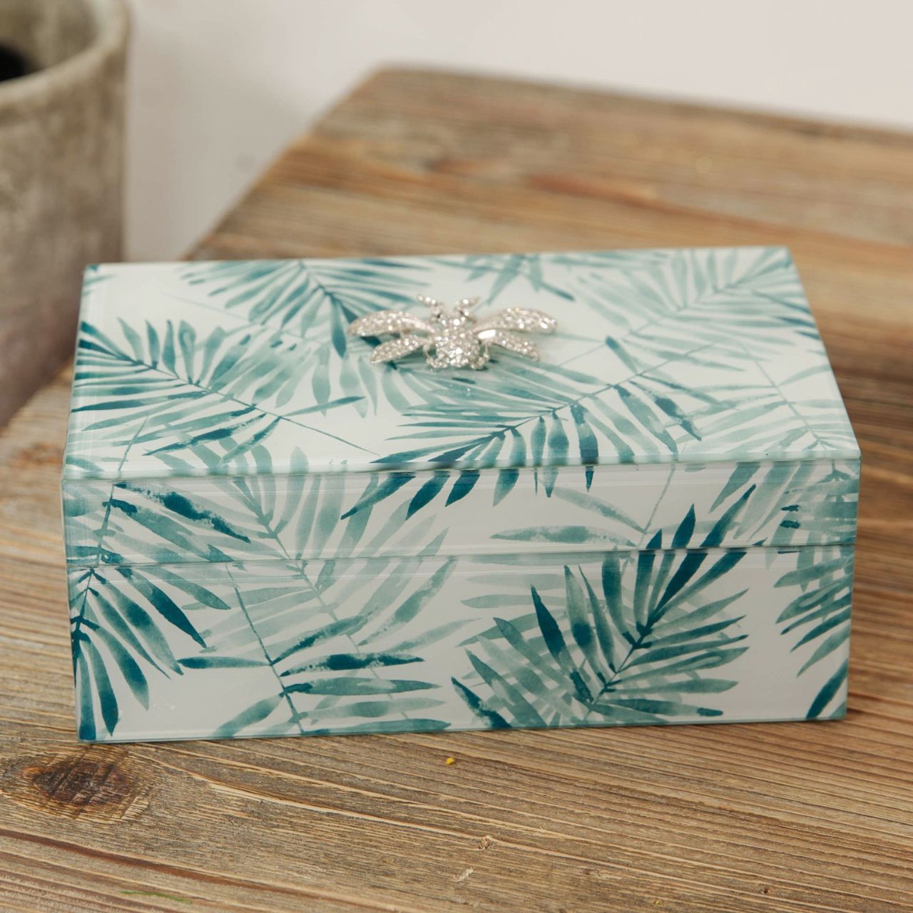 Nature Trail Embellished Jewellery Box  Store those sparkly things in style with this beautiful glass jewellery box with exotic palm print and crystal embellished inset lid decoration. From Nature Trail by HESTIA - bring some subtle Spring vitality to your home.