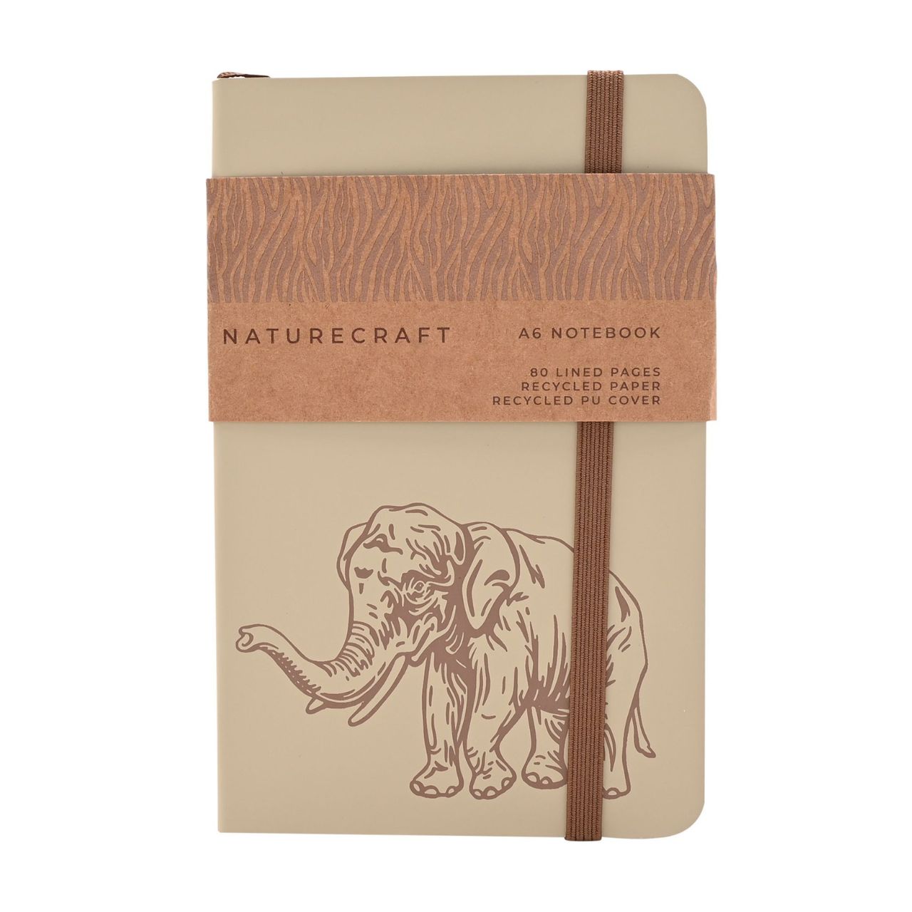 Beige notebook with elephant illustration and brown wrap, featuring 'Naturecraft' branding.
