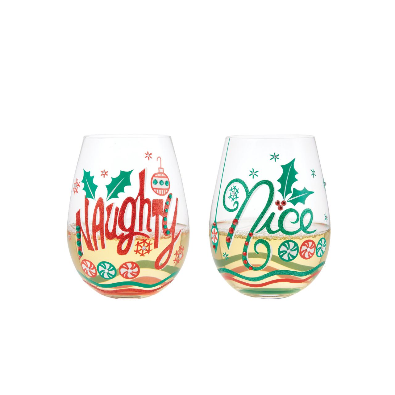 This festive stemless wine glass let's you choose your Christmas attitude. With hand-painted peppermint candies, ornaments, snowflakes, and holly, this two-sided glass places you on both of Santa's lists.