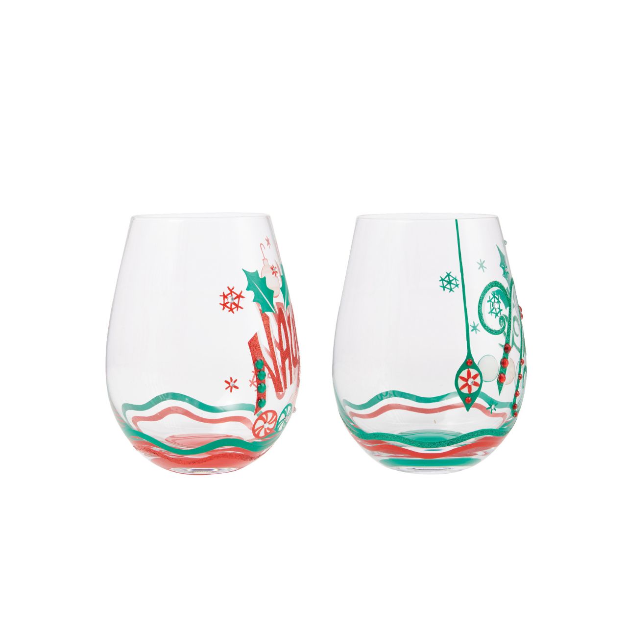 This festive stemless wine glass let's you choose your Christmas attitude. With hand-painted peppermint candies, ornaments, snowflakes, and holly, this two-sided glass places you on both of Santa's lists.