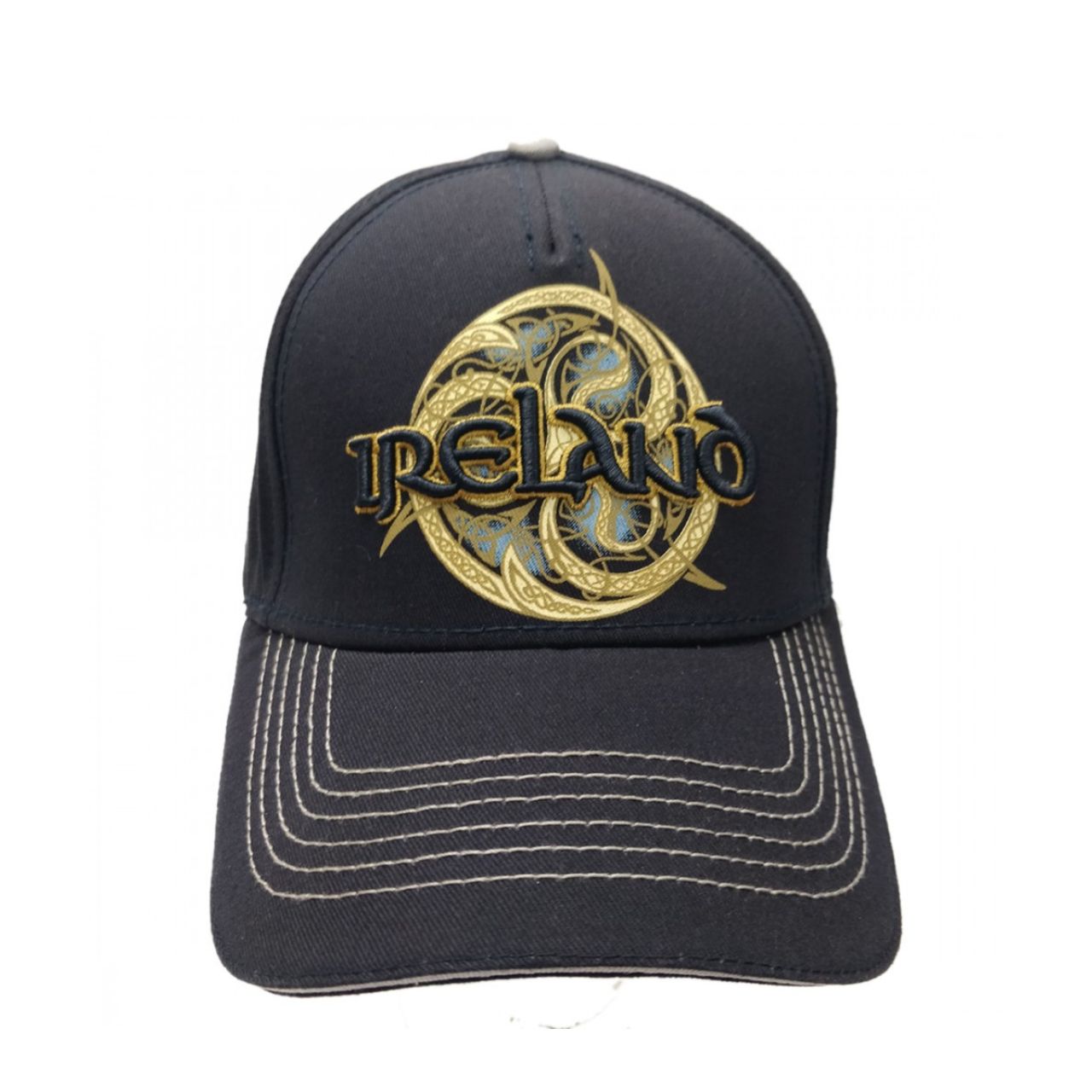 Navy Ireland Celtic Swirl Baseball Cap  This navy cotton baseball cap is a part of the Traditional Craft Official Collection. It is one size and is adjustable at the back for your convenience. The cap features a printed Celtic swirl layered with a 3D embroidered Ireland logo. There is also contrasting white stitching on the peak of the cap.
