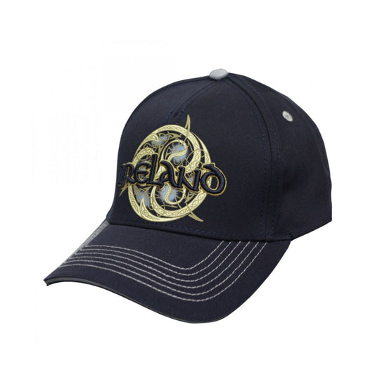 Navy Ireland Celtic Swirl Baseball Cap  This navy cotton baseball cap is a part of the Traditional Craft Official Collection. It is one size and is adjustable at the back for your convenience. The cap features a printed Celtic swirl layered with a 3D embroidered Ireland logo. There is also contrasting white stitching on the peak of the cap.