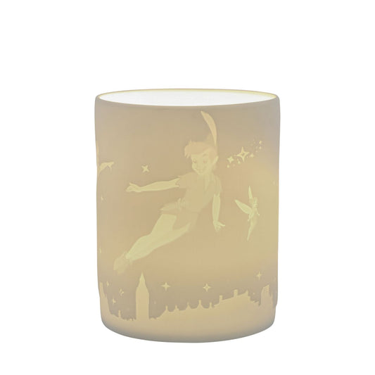 Disney Peter Pan Tea Light Holder Never Land's Waiting  Celebrate Peter Pan's 70th anniversary in 2023 with this one of a kind Disney porcelain tea light holder. Leave the world behind and bid your cares goodbye when you see Peter Pan, Tinker Bell, Wendy, John and Michael flicker around your room when you light the LED candle. The Peter Pan characters are etched into the thin translucent porcelain radiating a warm night light.
