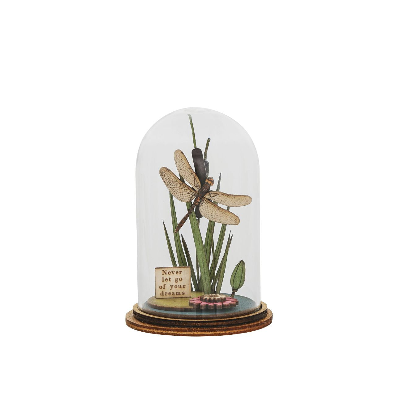 This wooden collectible is perfect for gifting or just to show off your love of nature. Its delicate design with glass dome and classic colours will fit into any decor.
