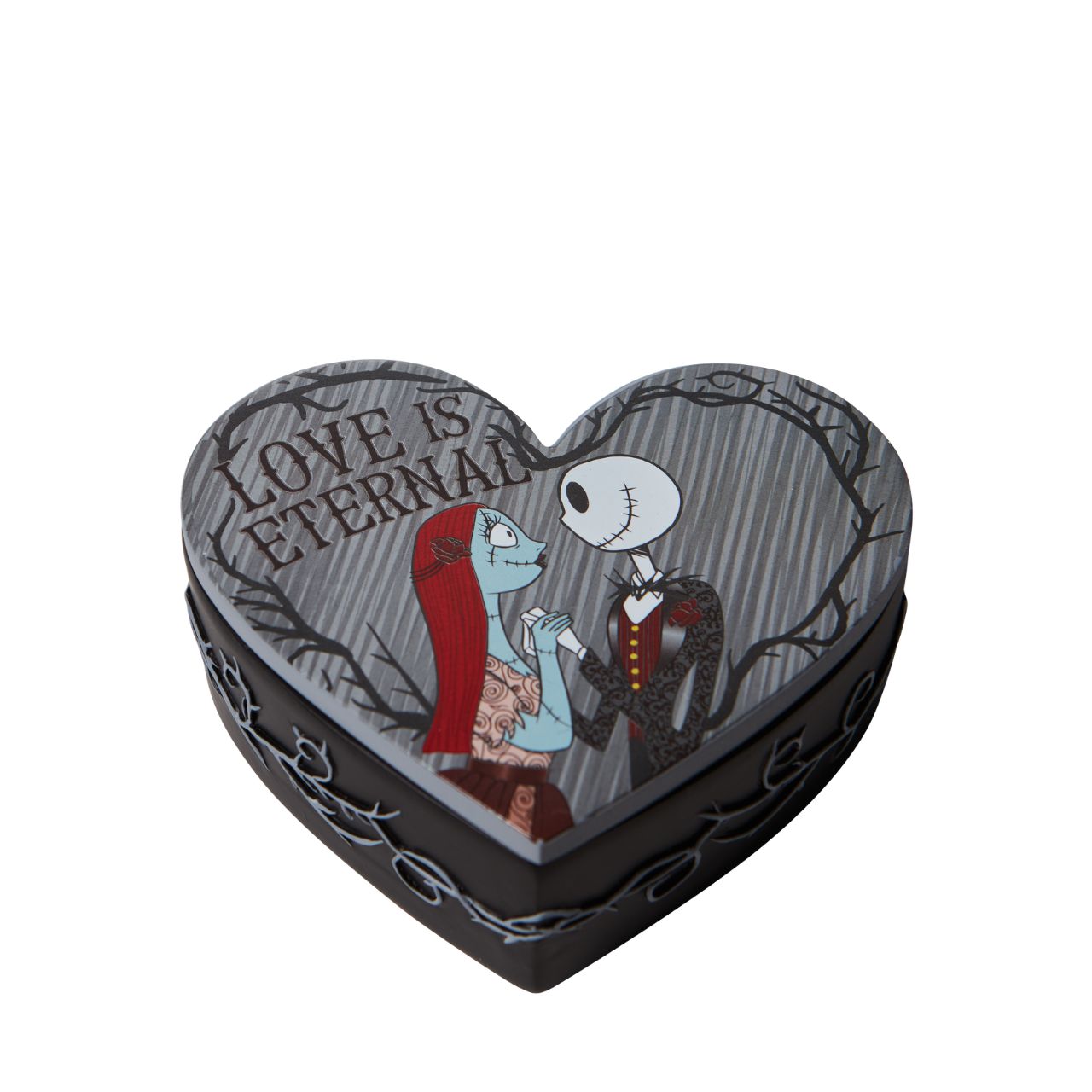 Jack and Sally Trinket Box Nightmare Before Christmas  Jack and Sally are an unlikely coupling of precious proportions. The Skellington King and ragdoll lock eyes in a romantic embrace upon this lidded felt lined ring box. 