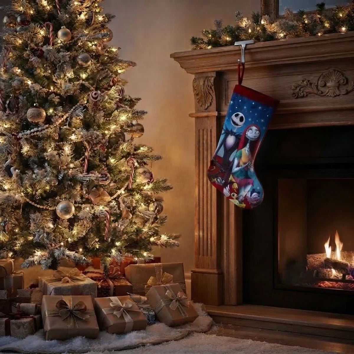 Bring festive magic to your holiday mantelpiece with this enchanting Nightmare Before Christmas Jack &amp; Sally Christmas Stocking.
