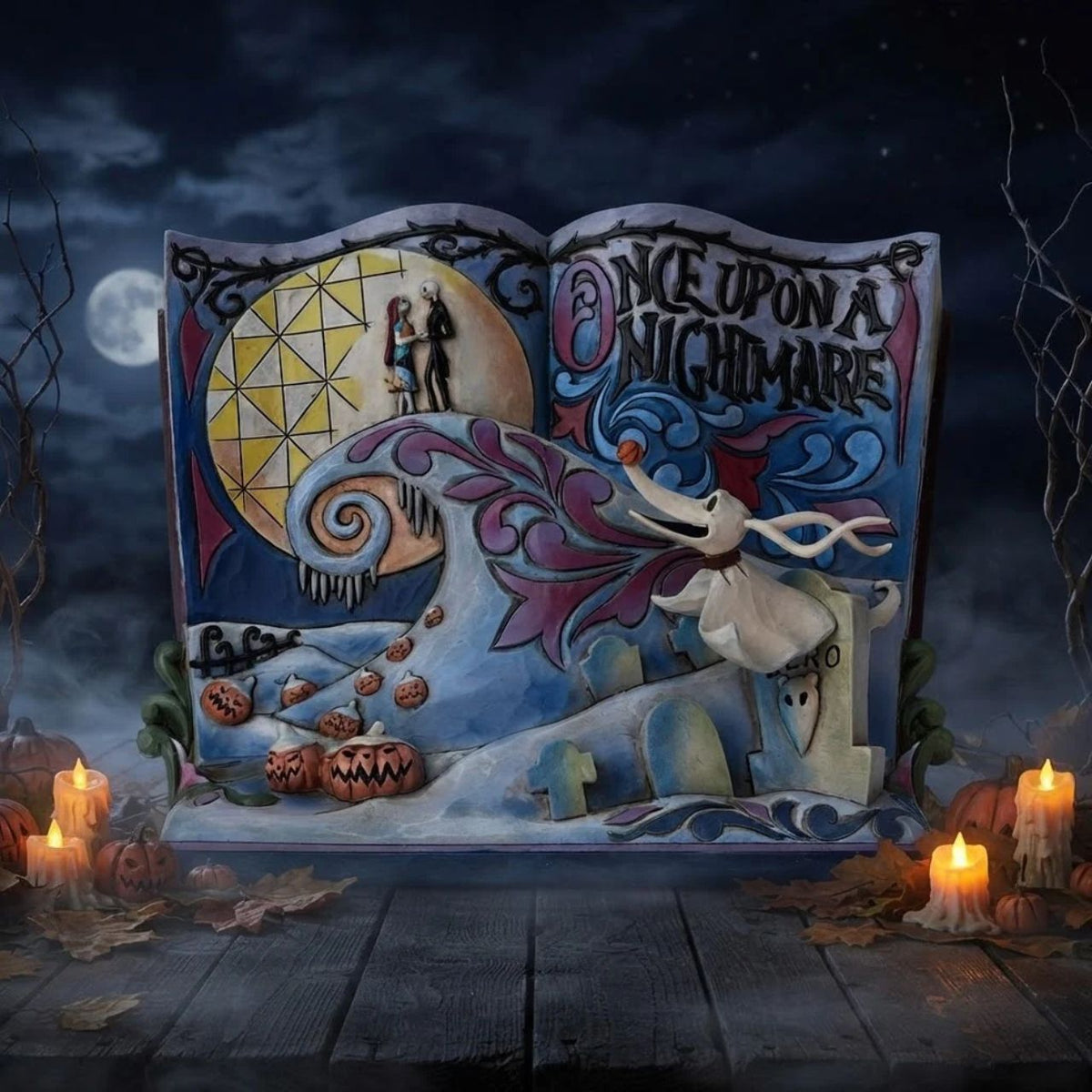 In this beautiful hand-painted storybook scene, Zero looks up at Jack and Sally in this iconic scene from Disney's Nightmare Before Christmas. Available only from the Disney Traditions brand. The product is made from resin. Unique variations should be expected as this product is hand painted. Packed in a branded gift box.