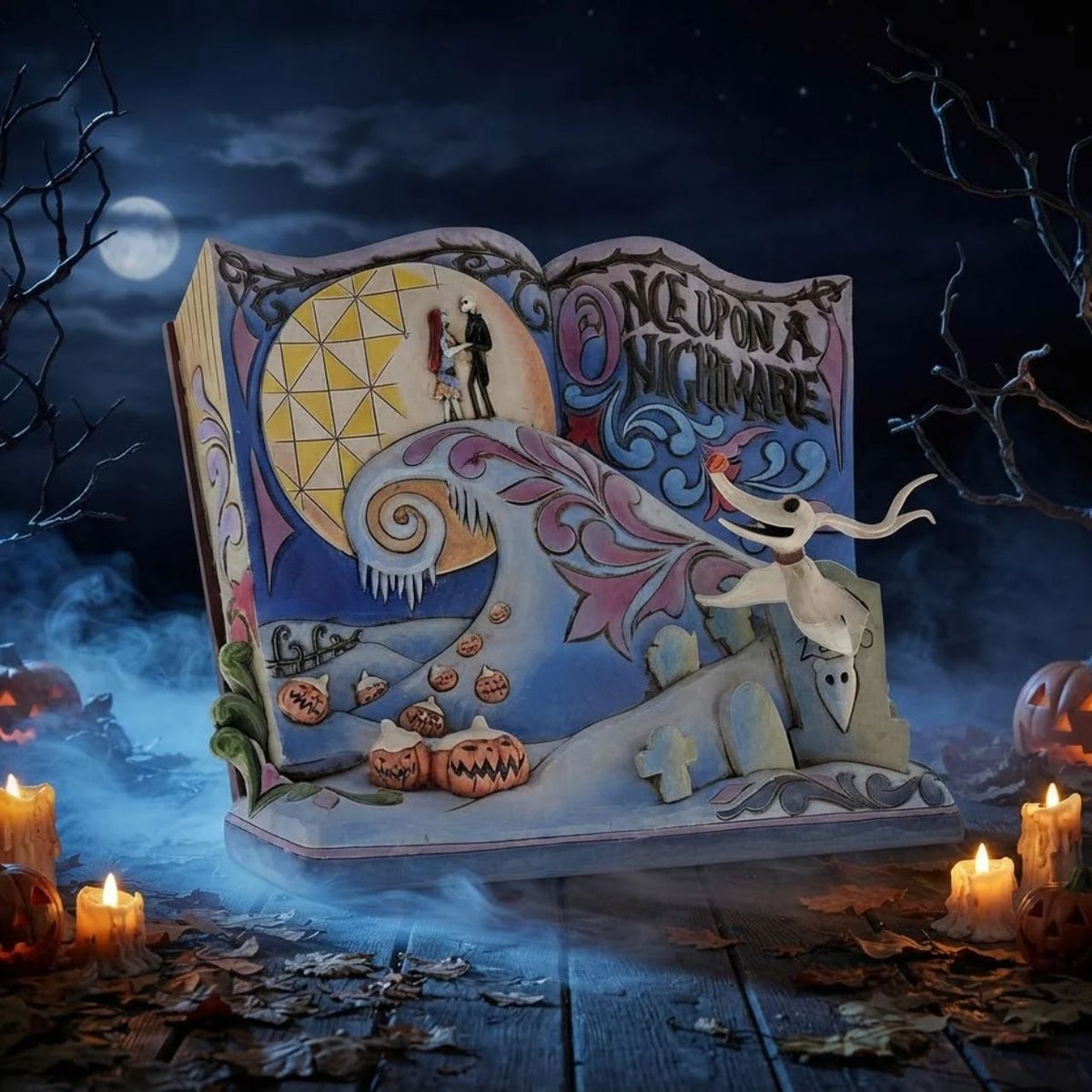 In this beautiful hand-painted storybook scene, Zero looks up at Jack and Sally in this iconic scene from Disney's Nightmare Before Christmas. Available only from the Disney Traditions brand. The product is made from resin. Unique variations should be expected as this product is hand painted. Packed in a branded gift box.