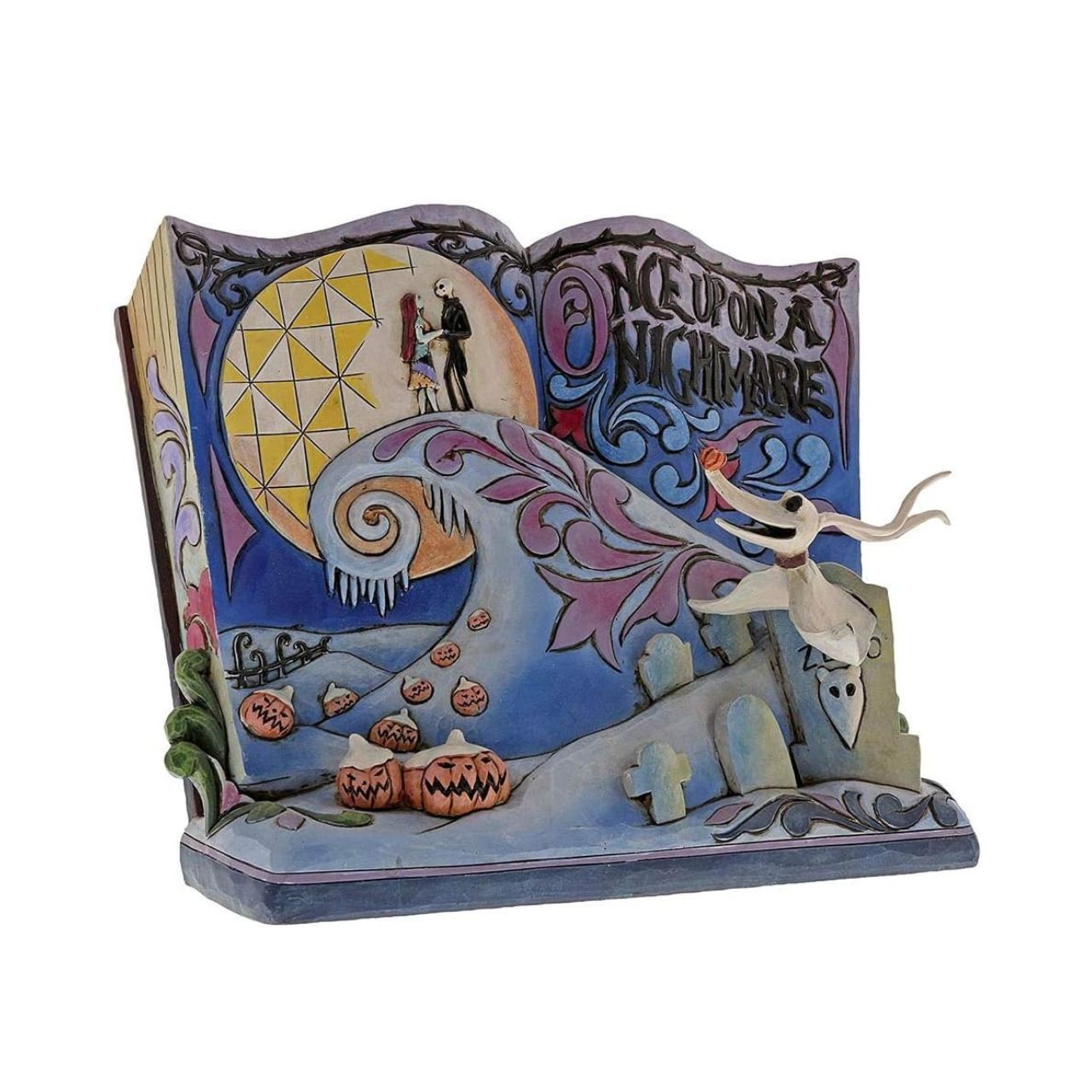 In this beautiful hand-painted storybook scene, Zero looks up at Jack and Sally in this iconic scene from Disney's Nightmare Before Christmas.