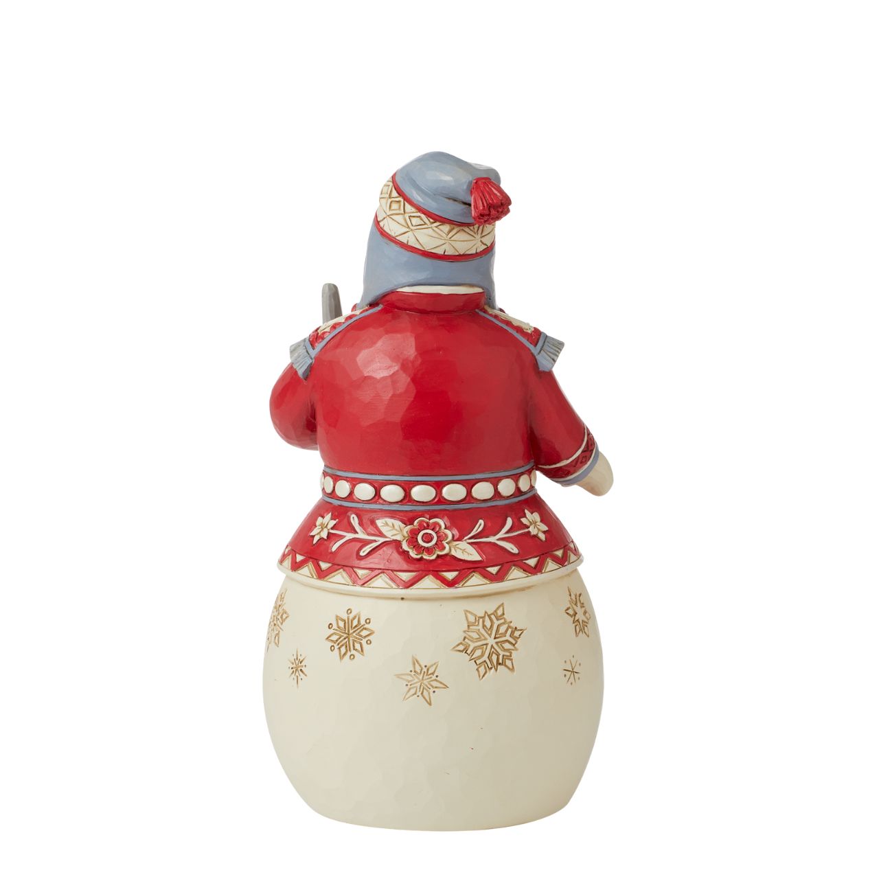 Nordic Noel Snowman Figurine  The Nordic Noel Collection showcases a modern twist on Jim Shores whimsical designs; Contrasting red and white colours in Scandinavian patterns, turkey red and Danish architectural trim.