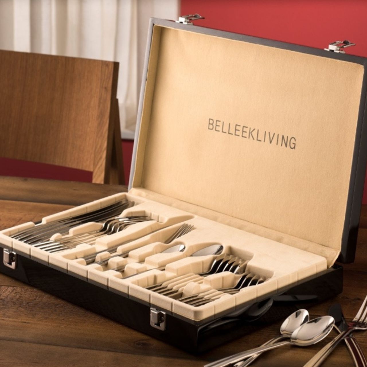 Occasions 24-Piece Cutlery Set in Wood Box by Belleek Living  Dine in style with the Occasions 24-Piece Cutlery Set from Belleek Living. Each piece displays high-quality craftmanship synonymous with the Belleek Living brand - beautifully polished 18/10 Stainless Steel with a smooth & elegant design. Perfect for everyday use, as a wedding gift, housewarming gift or any special occasion!