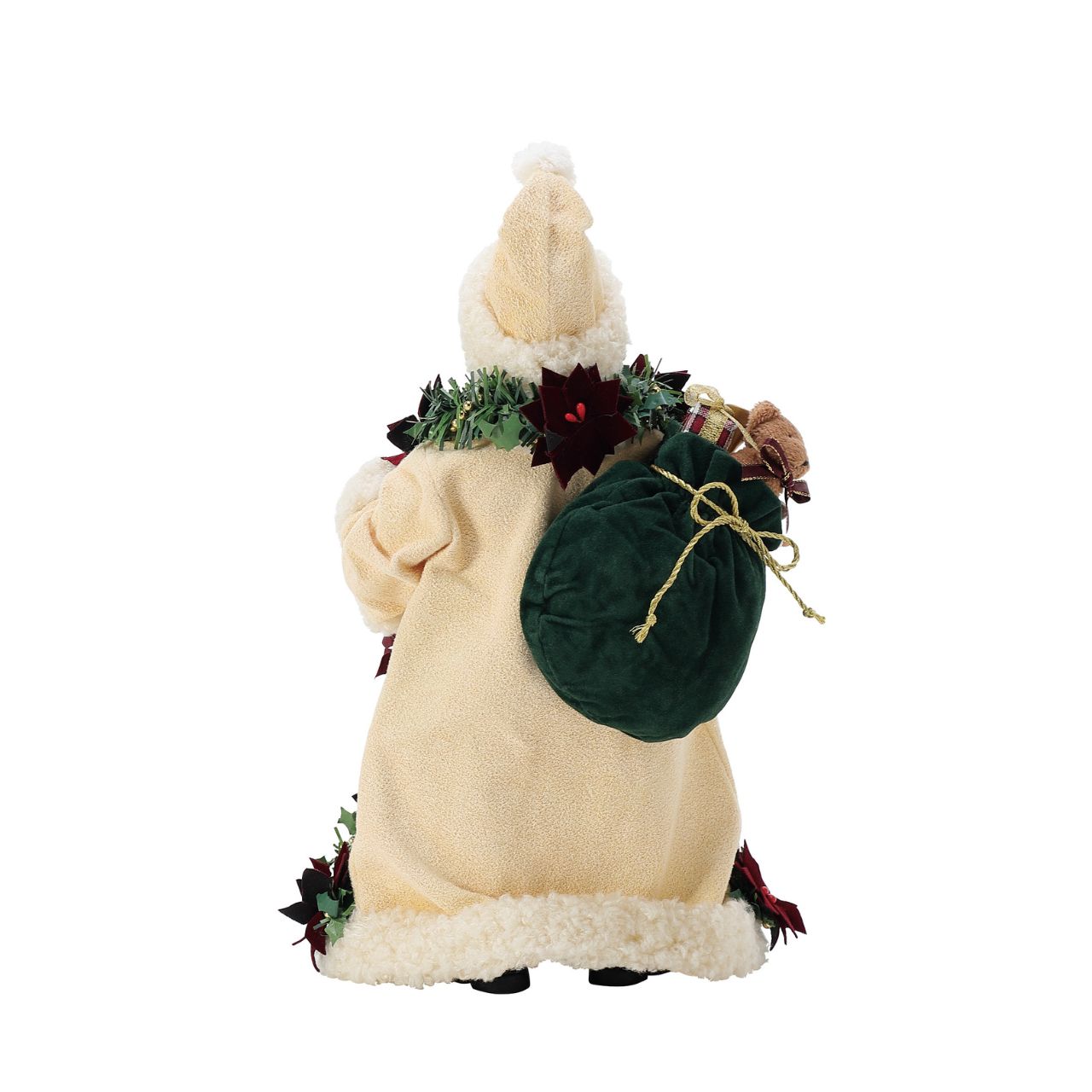 Poinsettia accents are the star of Santa Claus's old world attire. They add just the right splash of red to his golden ribbon trimmed gown. Designed by Enesco's very own Department 56, each Possible Dreams figurine is finished with a brass tag for authenticity and made using "clothtique" - a stiffened fabric, to ensure quality for generations.
